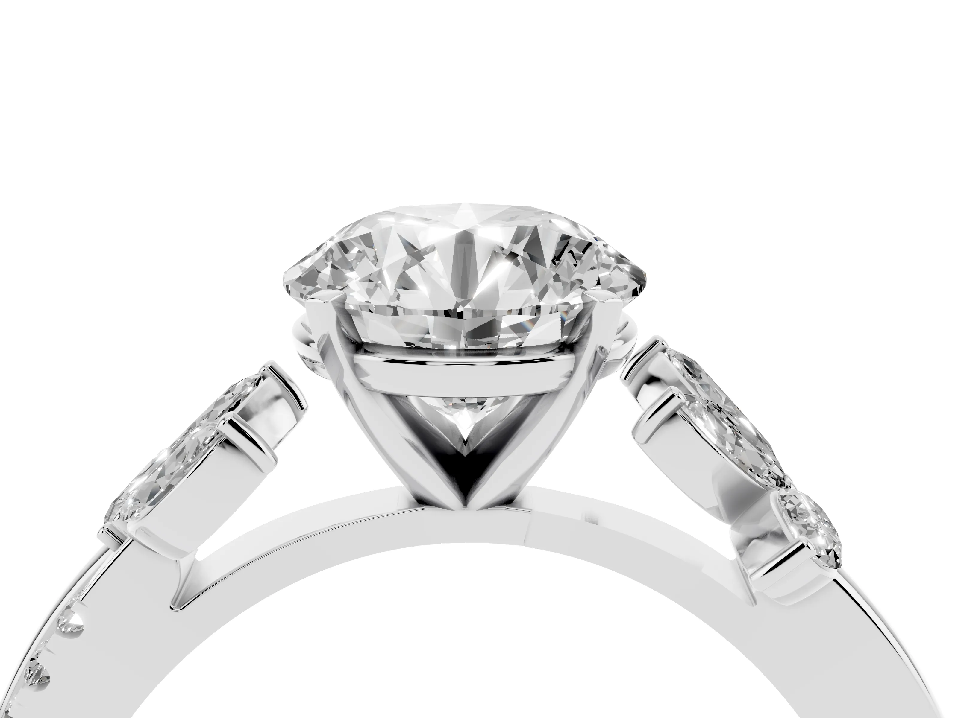 Round Cut Diamond Floral Vine Solitaire Engagement Ring Set in White gold with Marquise Leaves