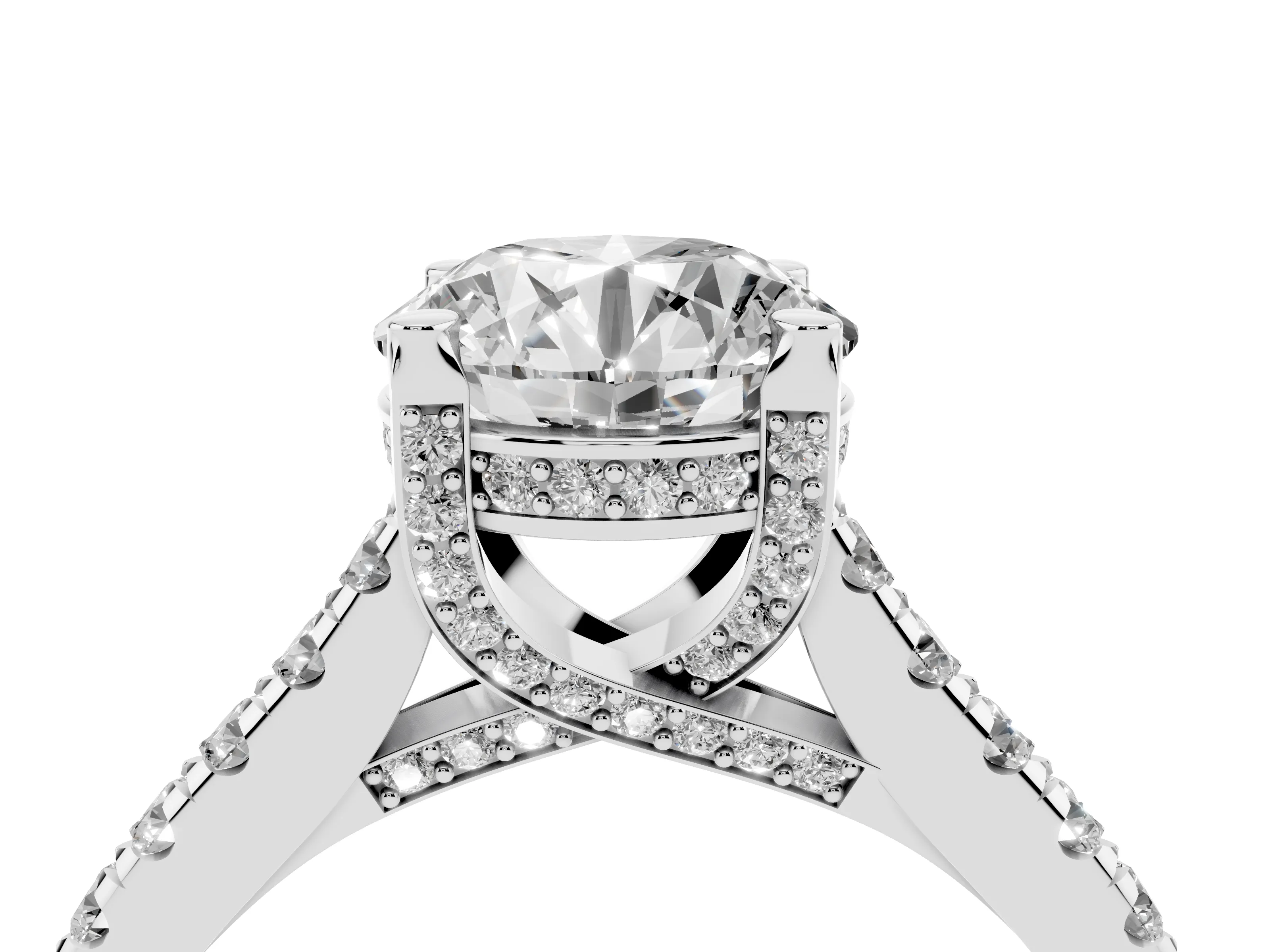 Round Cut Diamond Solitaire Ring Set in Platinum with Brilliant Pavé Band and Prong Setting
