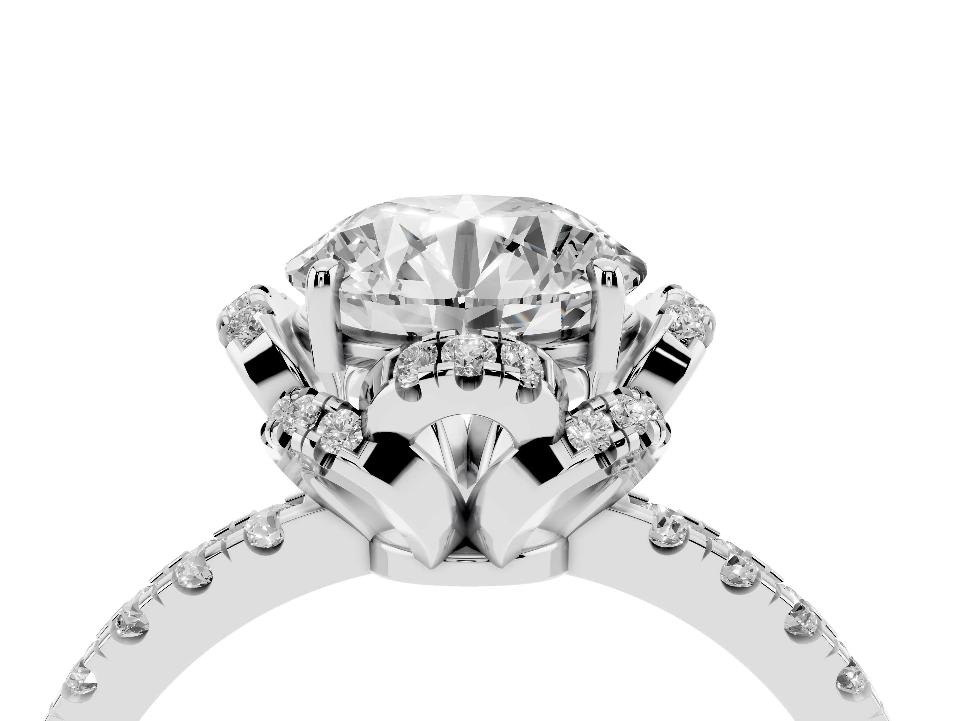 Round Cut Diamond Halo Pavé Band Ring Set in White gold with Prong-Held Center