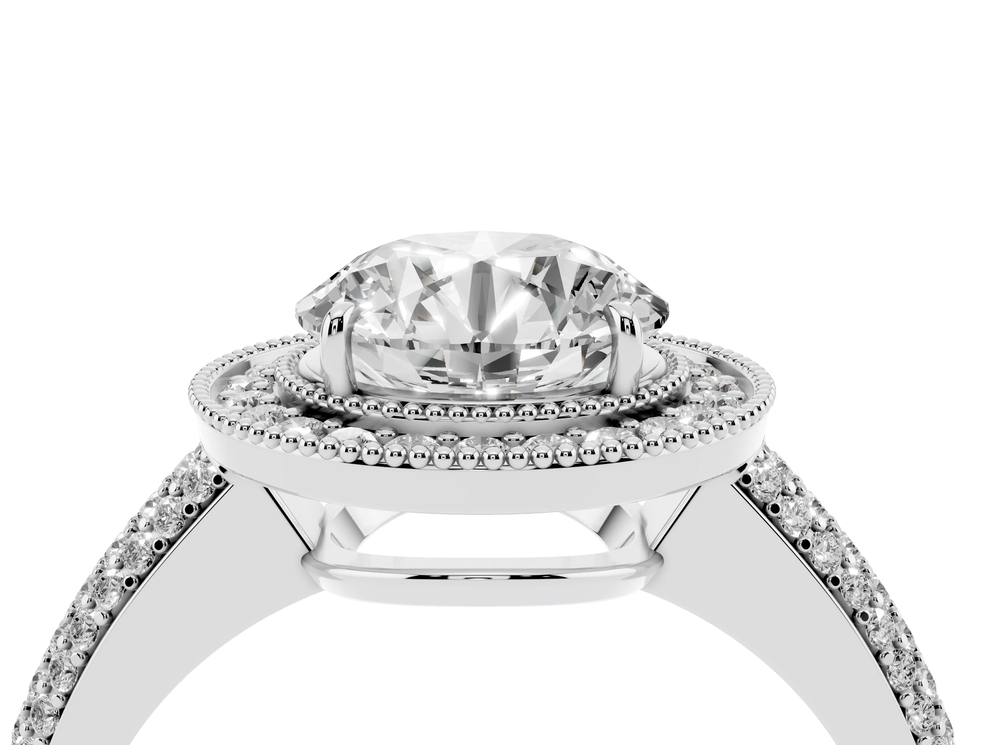 Round Cut Diamond Halo Pavé Band Set in Silver with Prong Setting