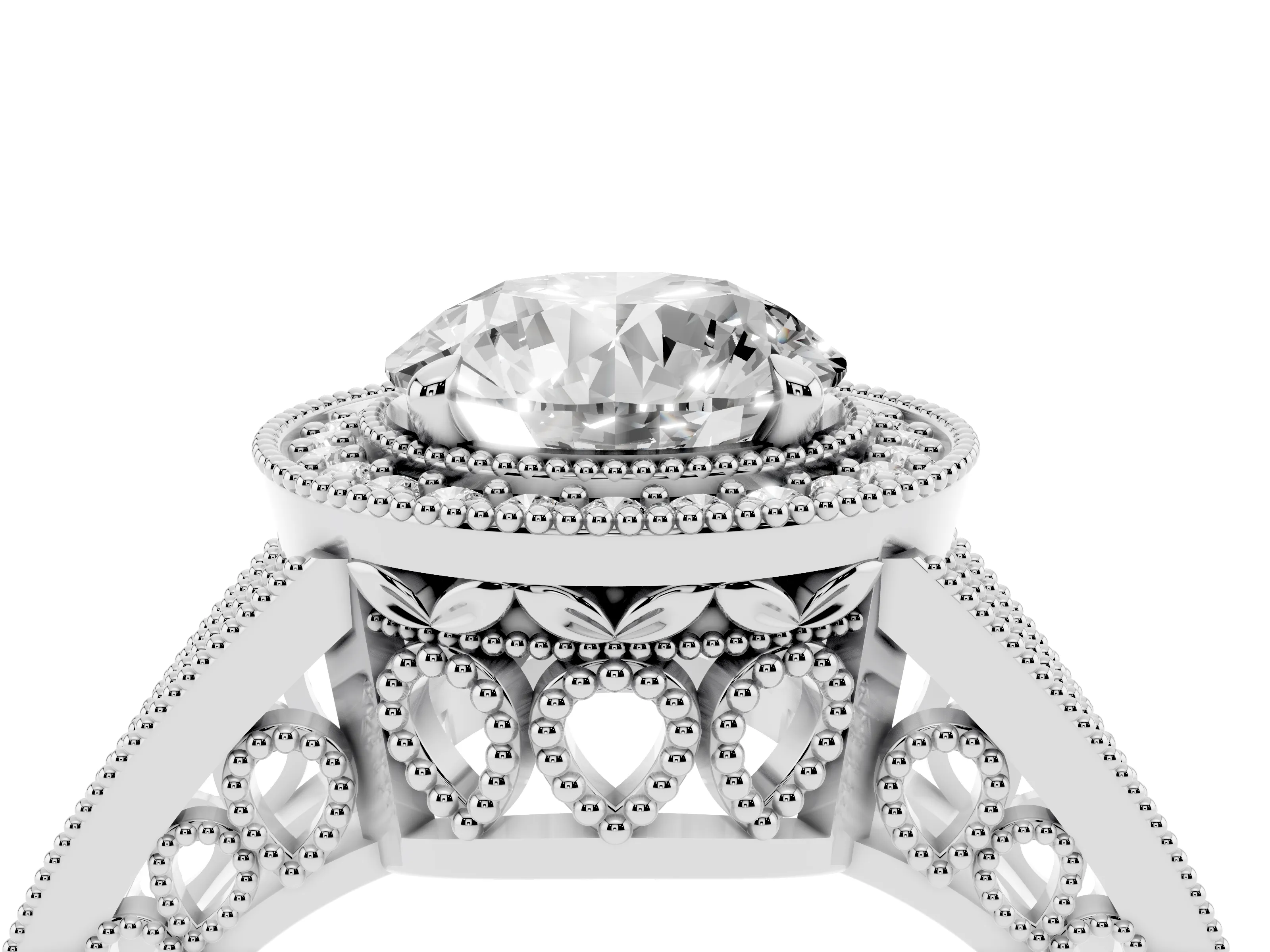 Round Cut Diamond Halo Ring Set in Silver with Stone-Set Split Shank and Milgrain Edges