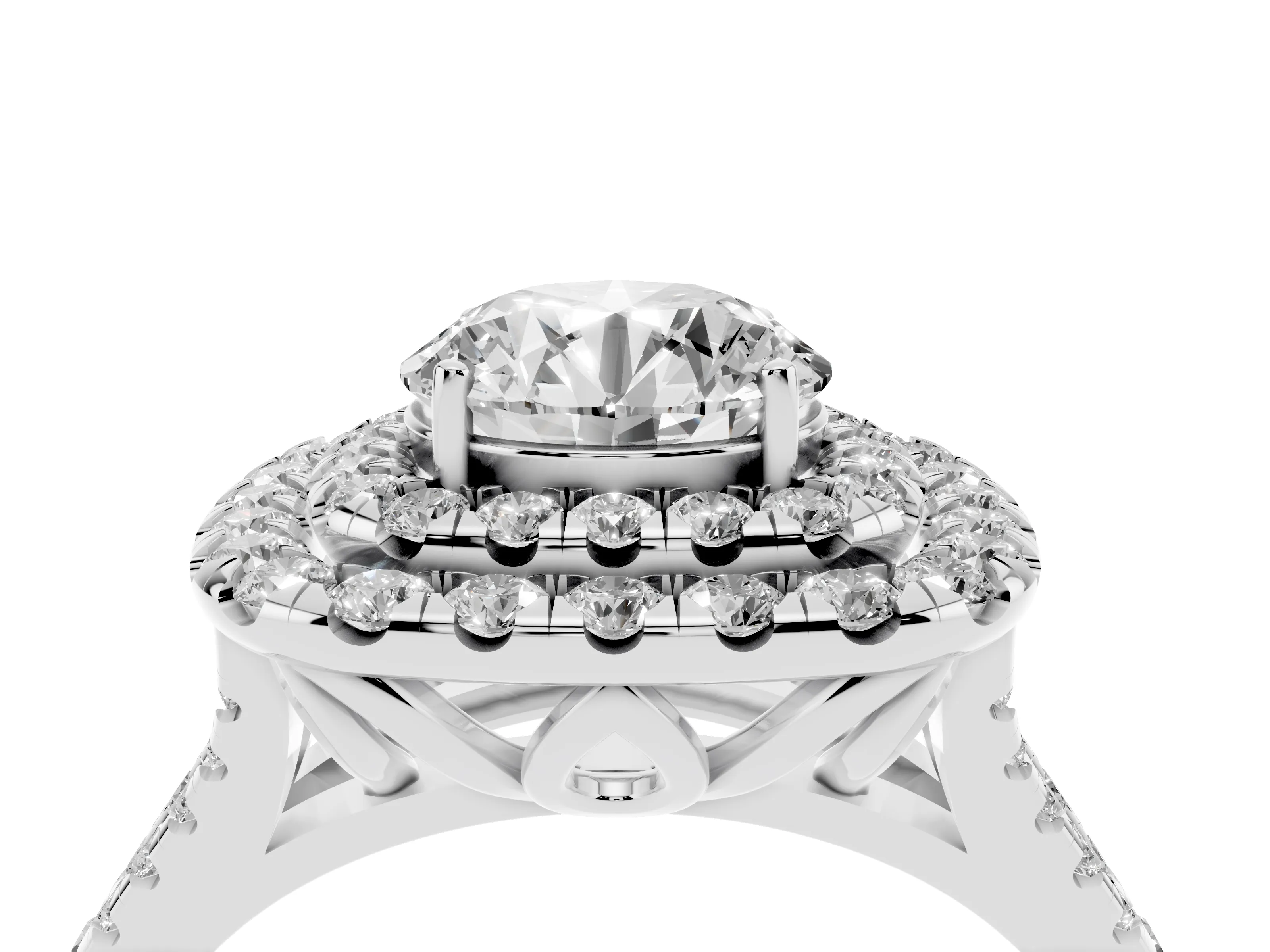 Round Cut Diamond Double Halo Ring Set in Silver with Pavé Split Shank and Prong Setting