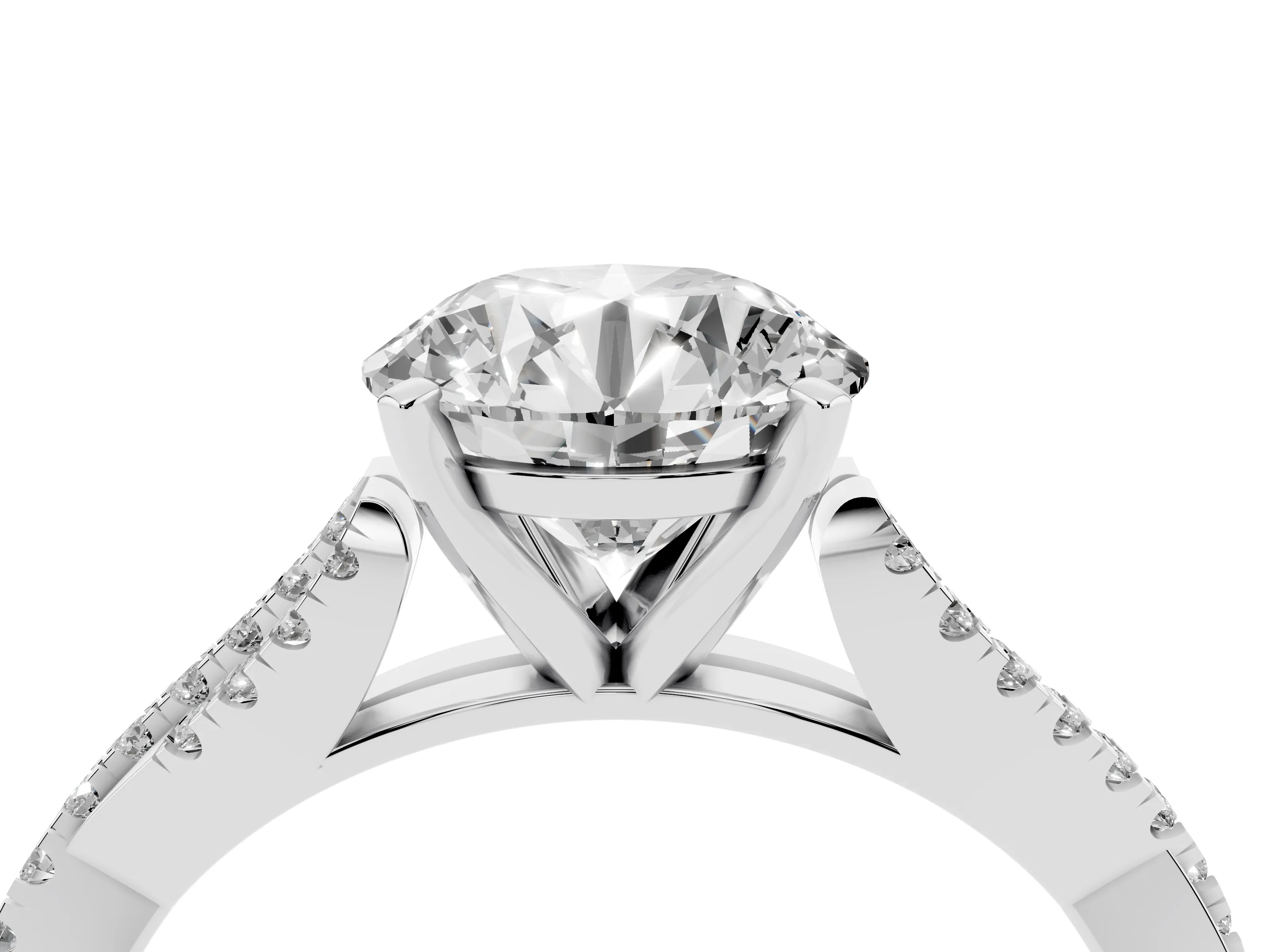 Round Cut Diamond Solitaire Engagement Ring Set in Platinum with Twisted Pavé Band and Prong Setting