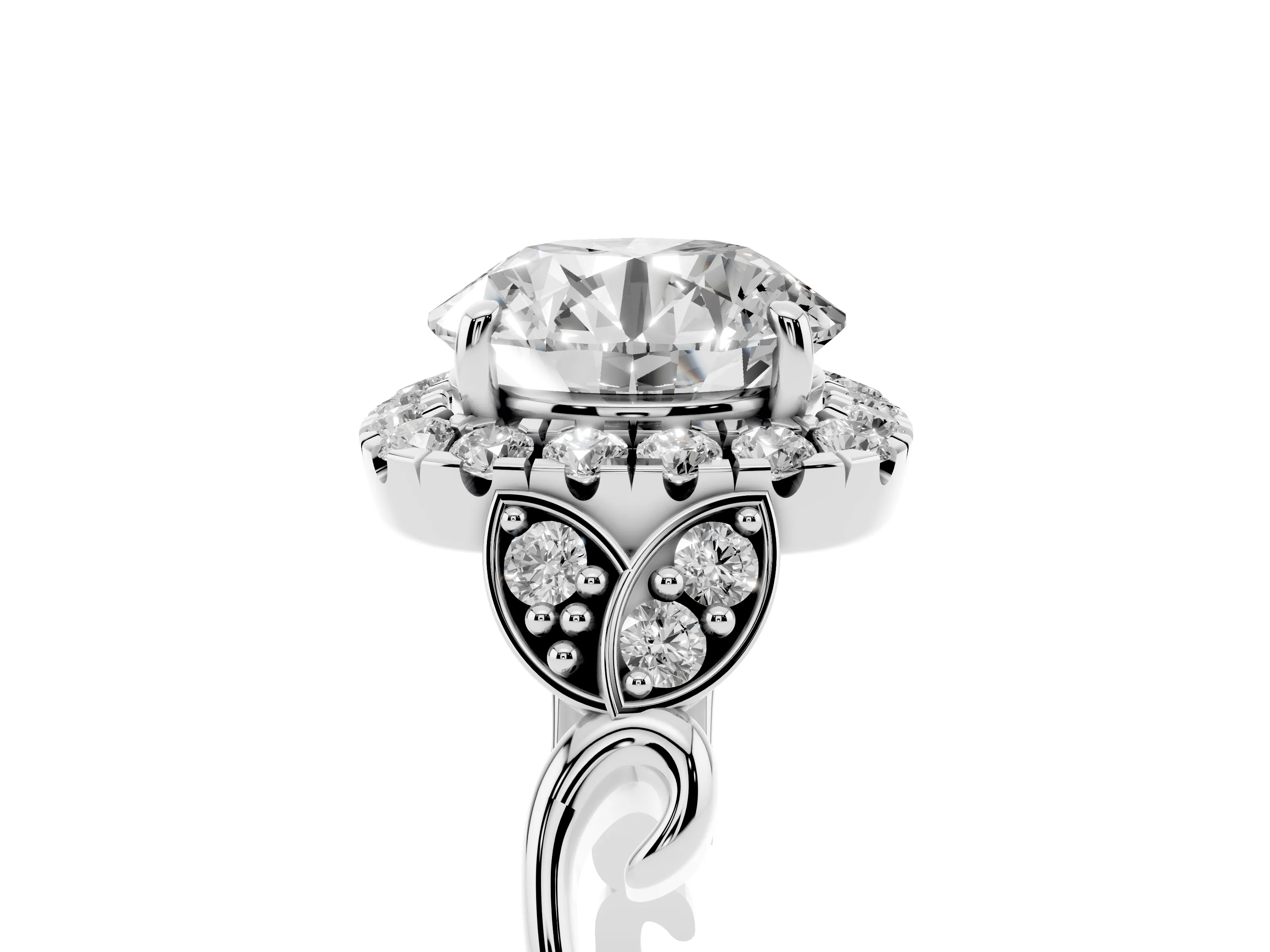Round Cut Diamond Halo Engagement Ring Set in White gold with Vintage-Inspired Band and Prong Setting