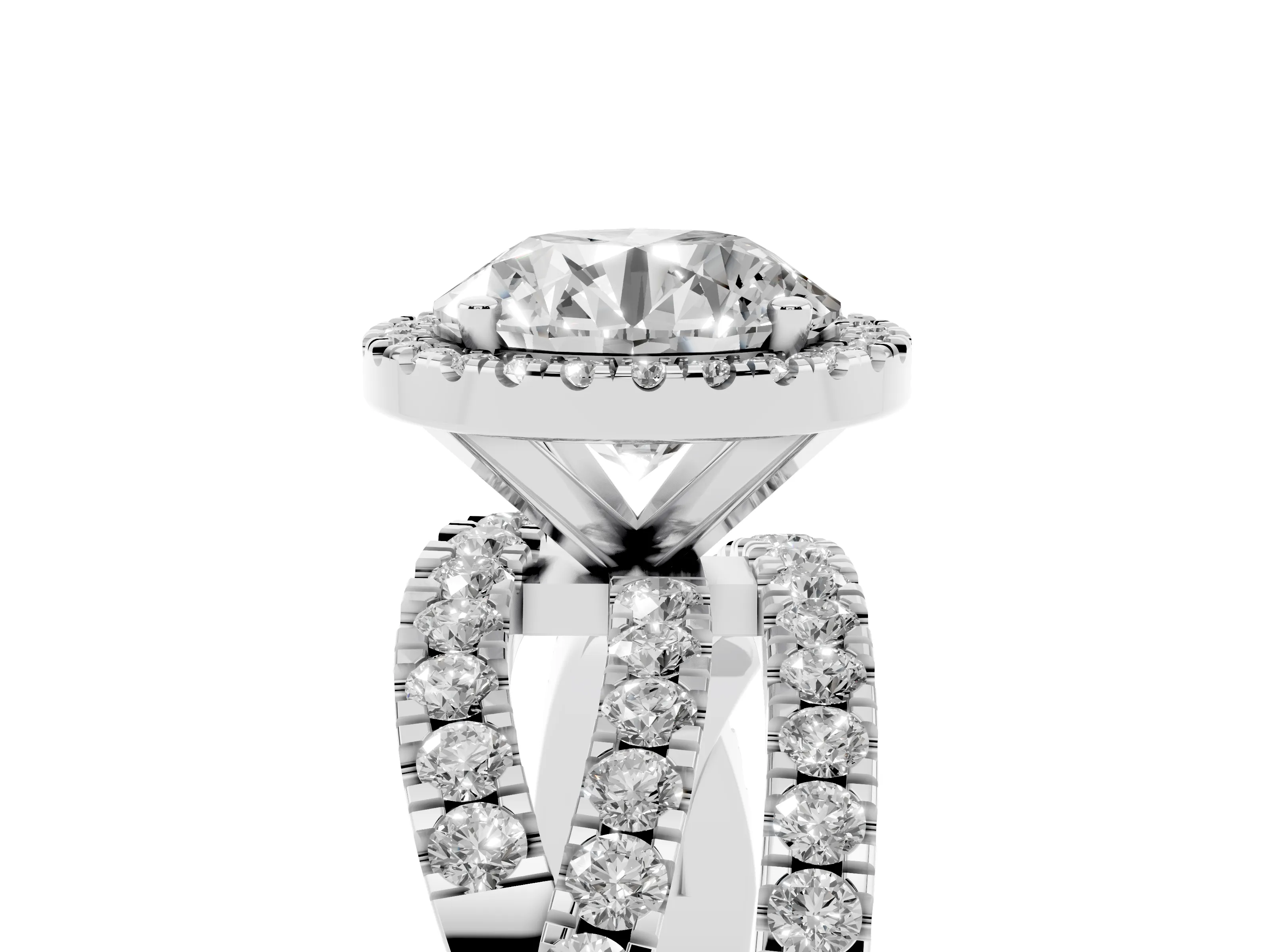 Round Cut Diamond Halo Ring Set in White gold with Round Crossover Split Shank and Prong Setting