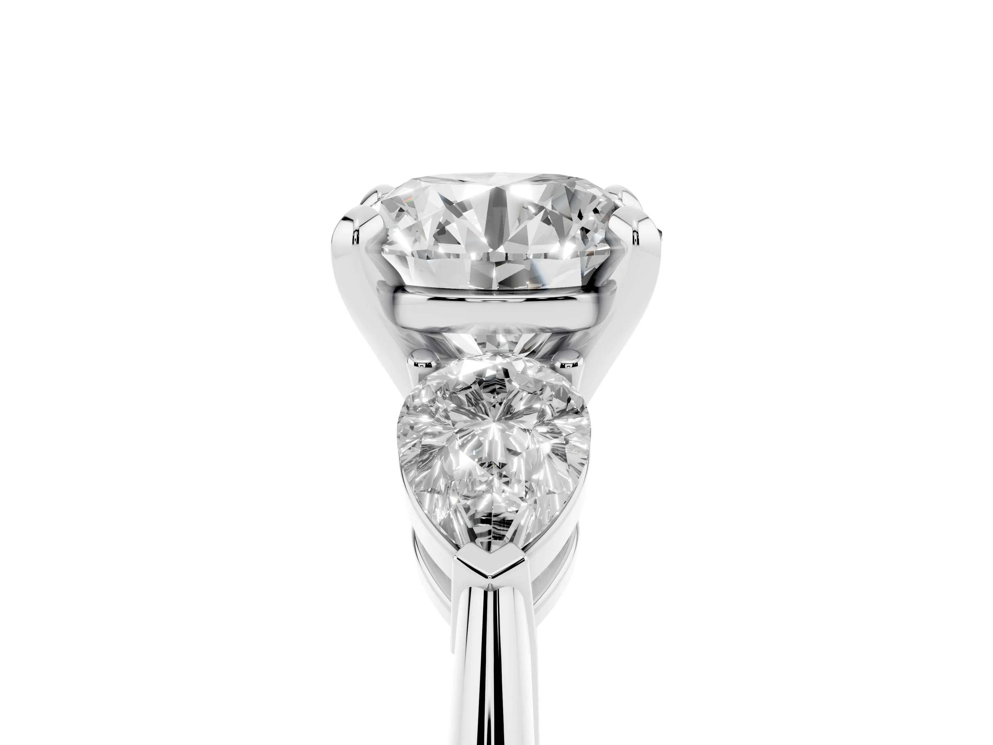 Three-Stone Round Cut Diamond Ring Set in Silver with Pear Side Stones and Prong Setting