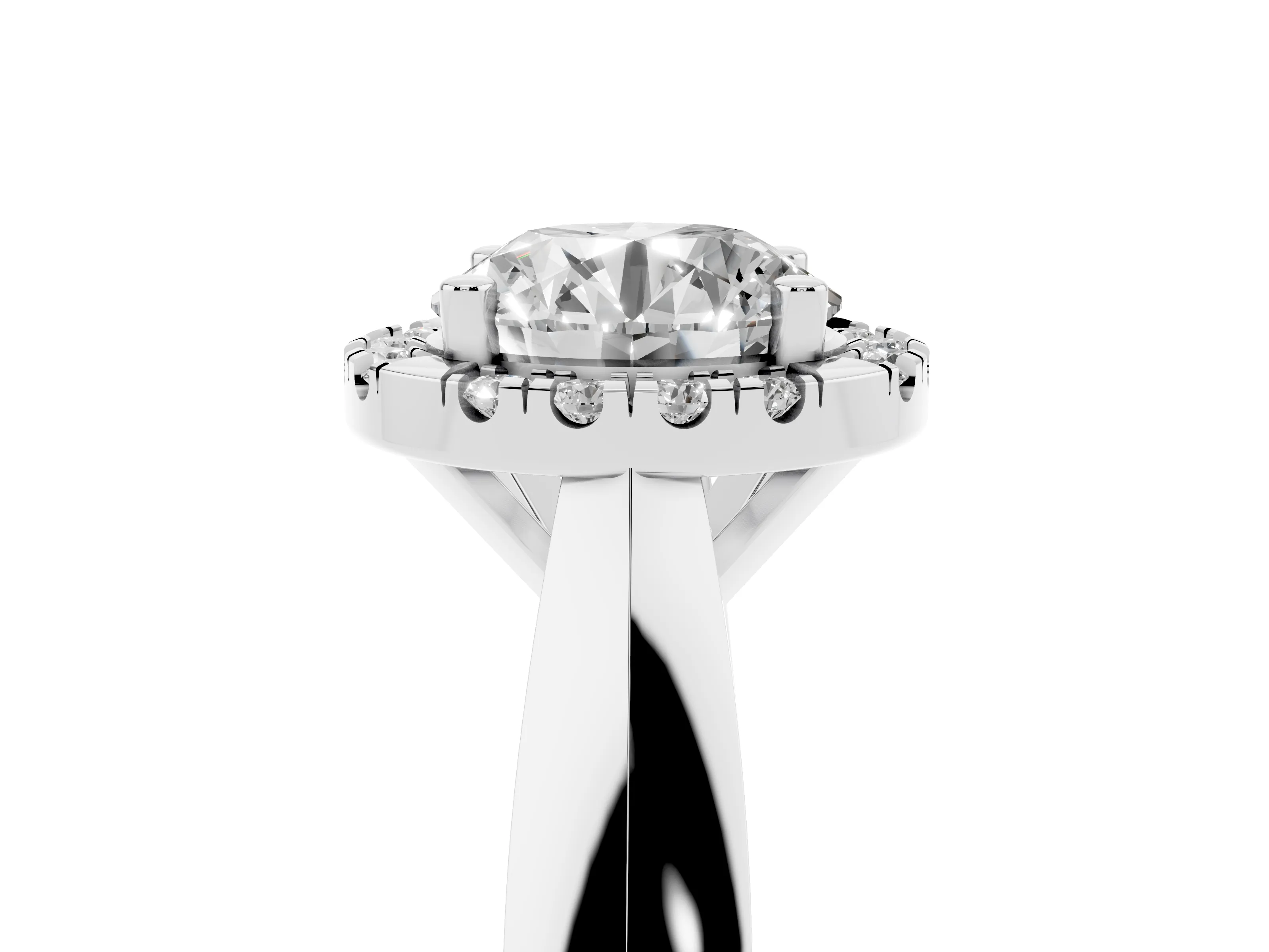 Round Cut Diamond Halo Solitaire Engagement Ring Set in Platinum with Square Band and Prong Setting