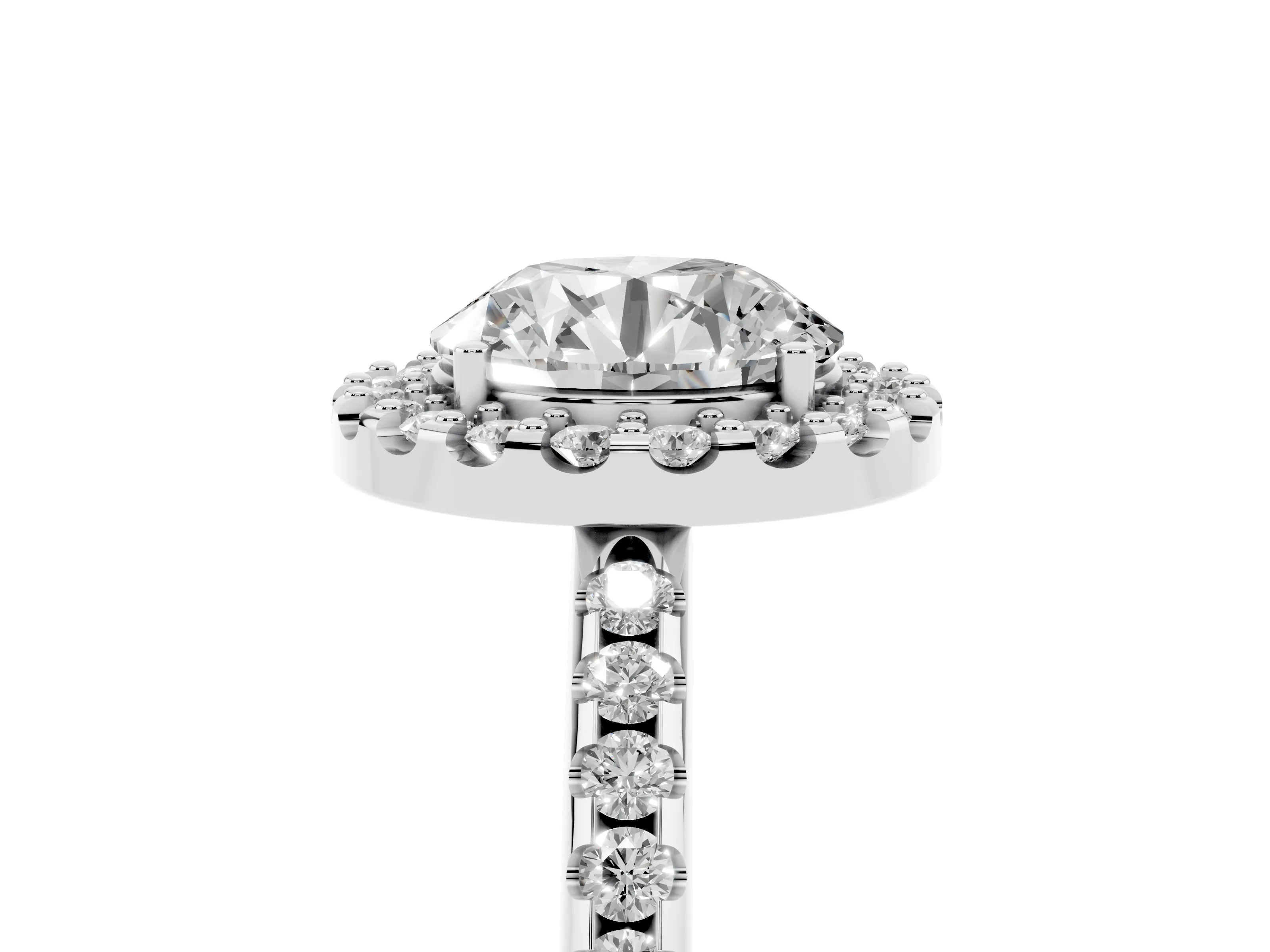 Round Cut Diamond Pavé Halo Ring Set in Platinum with Prong Setting