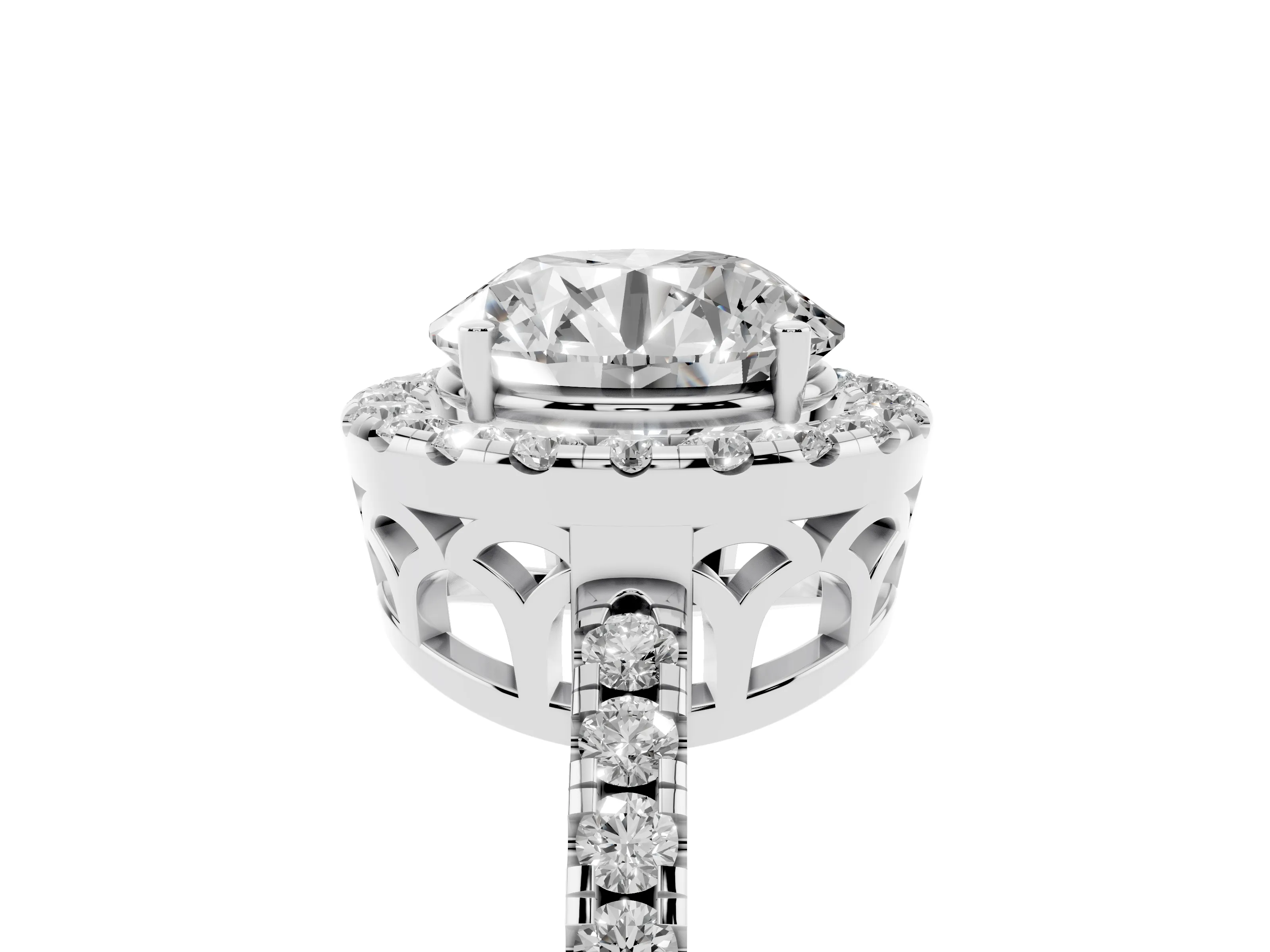 Round Cut Diamond Pavé Band Halo Engagement Ring Set in White gold with Prong Setting