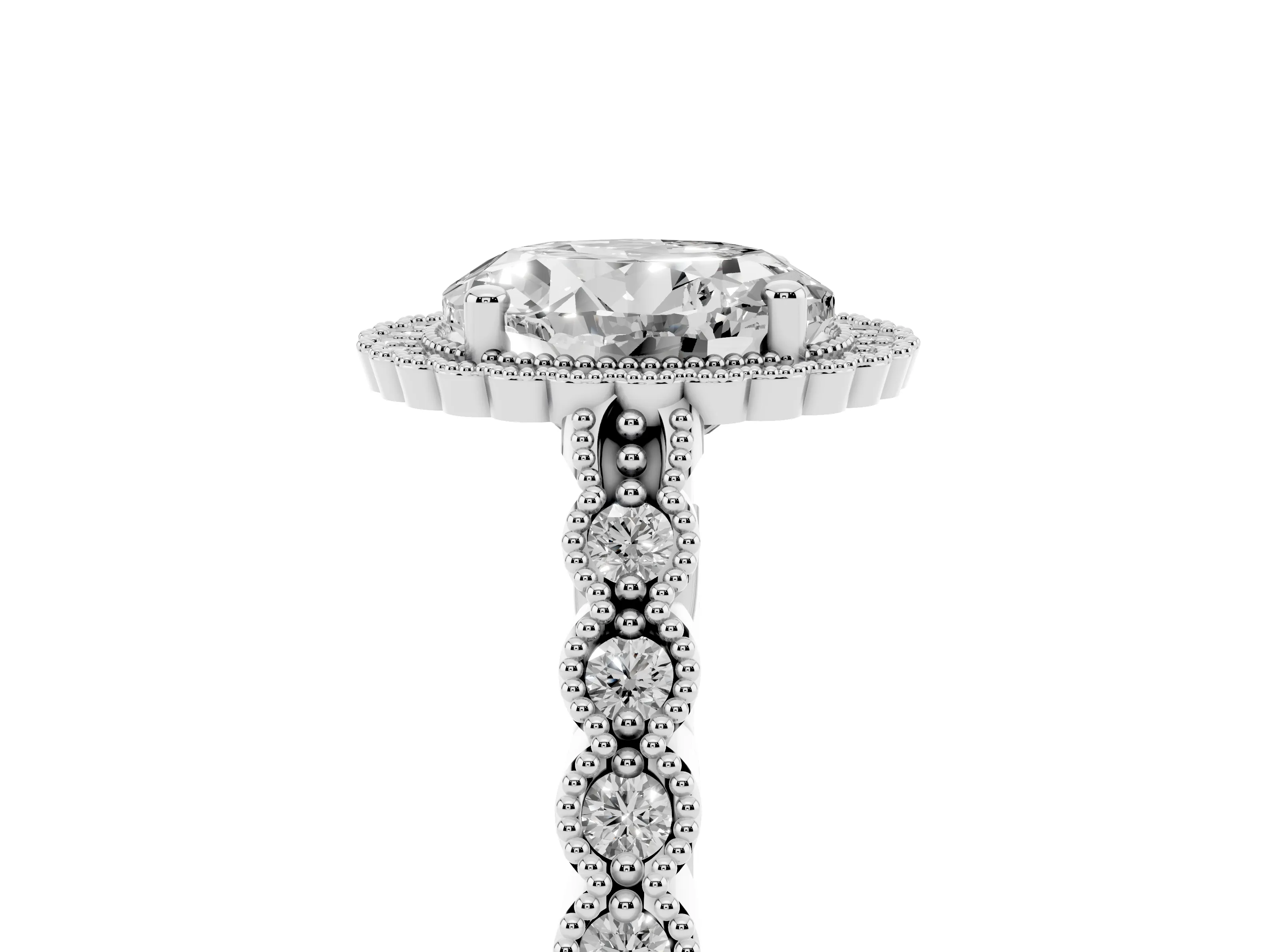 Round Cut Diamond Halo Ring Set in White gold with Pavé Milgrain Band
