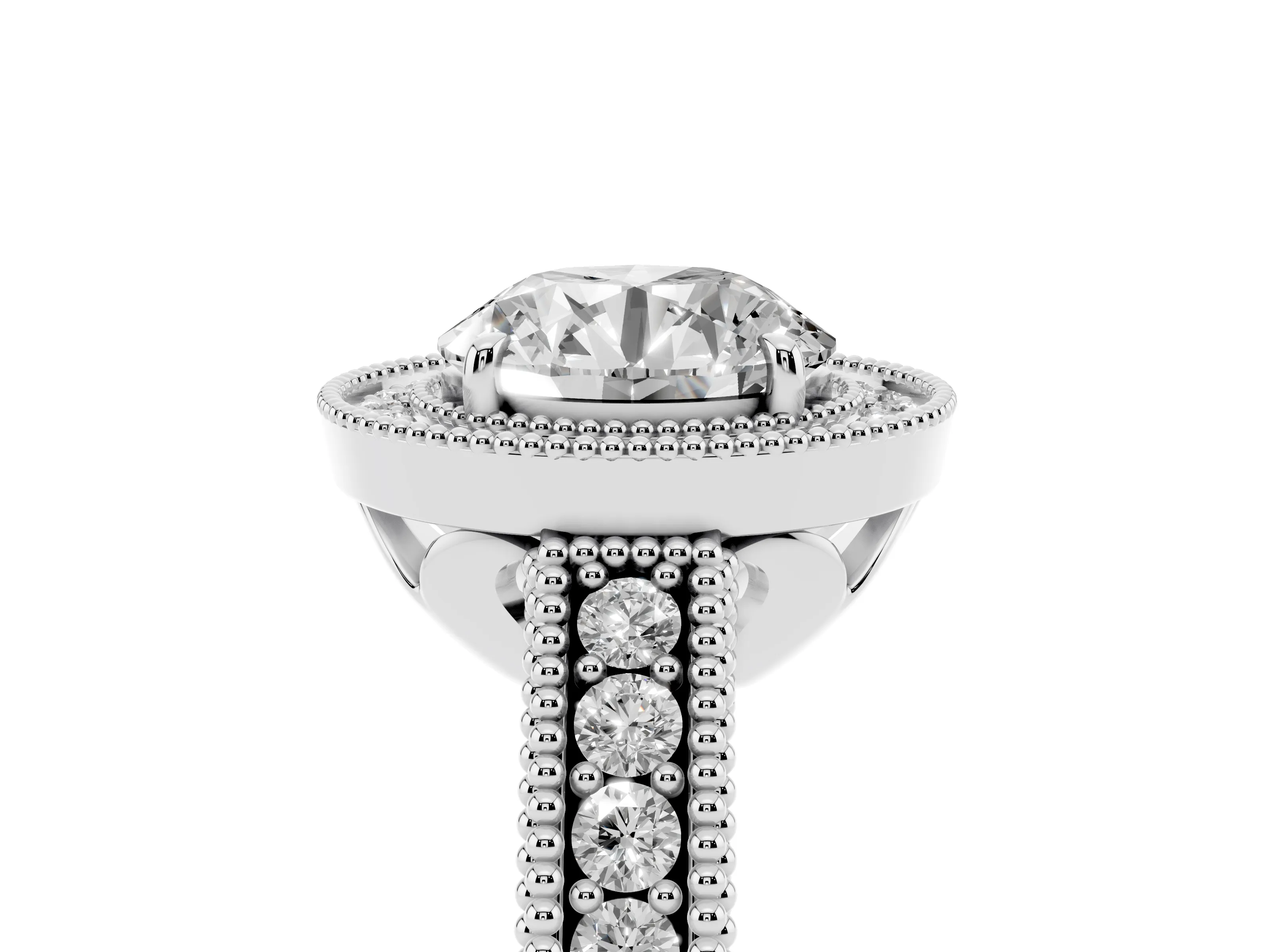 Round Cut Diamond Halo Ring Set in White gold with Round Accent Halo, Pavé Band and Prong Setting