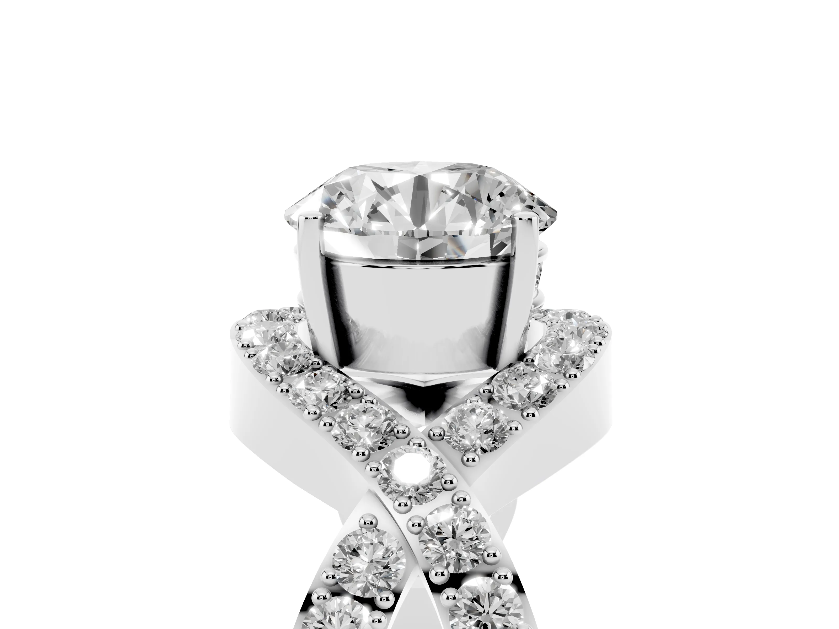 Round Cut Diamond Solitaire Twist Band Pavé Engagement Ring Set in White gold