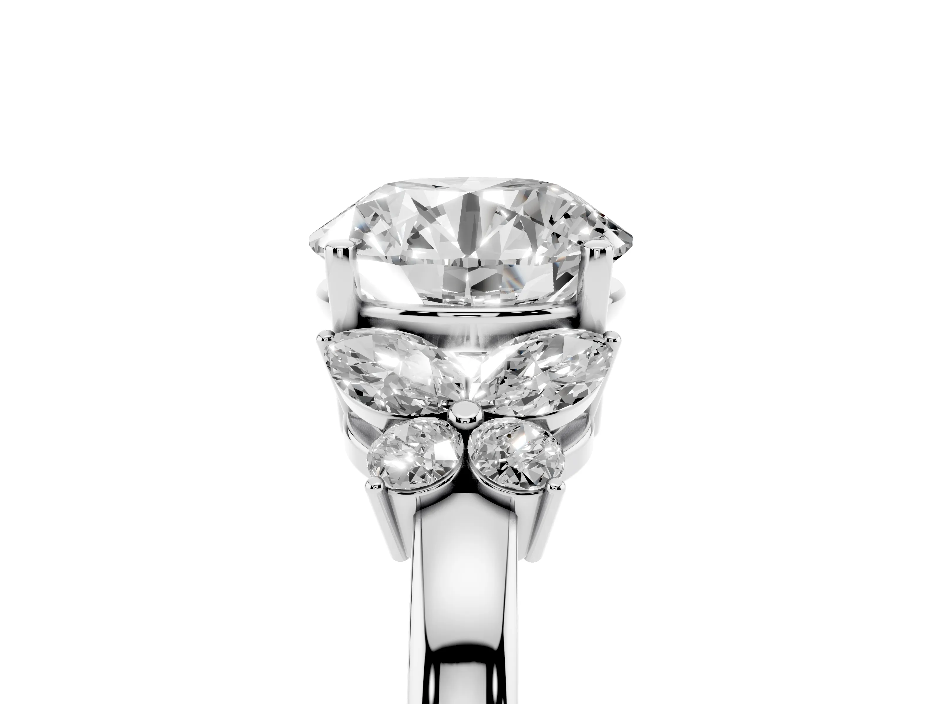 Round Cut Diamond Solitaire Floral Ring Set in Silver with Marquise Petals and Prong Setting