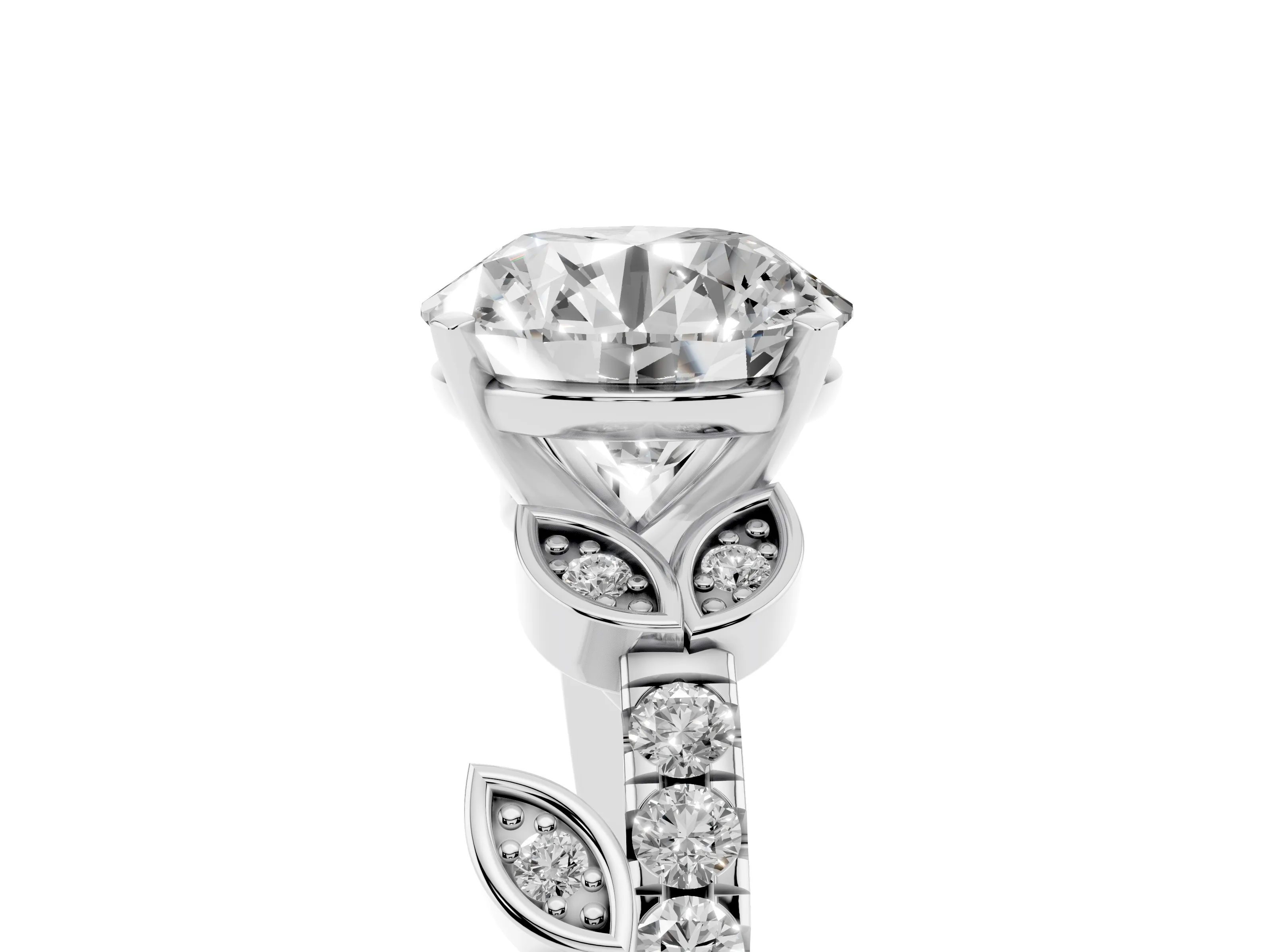 Round Cut Diamond Solitaire Leaf-Inspired Ring Set in Platinum with Pavé Band and Prong Setting