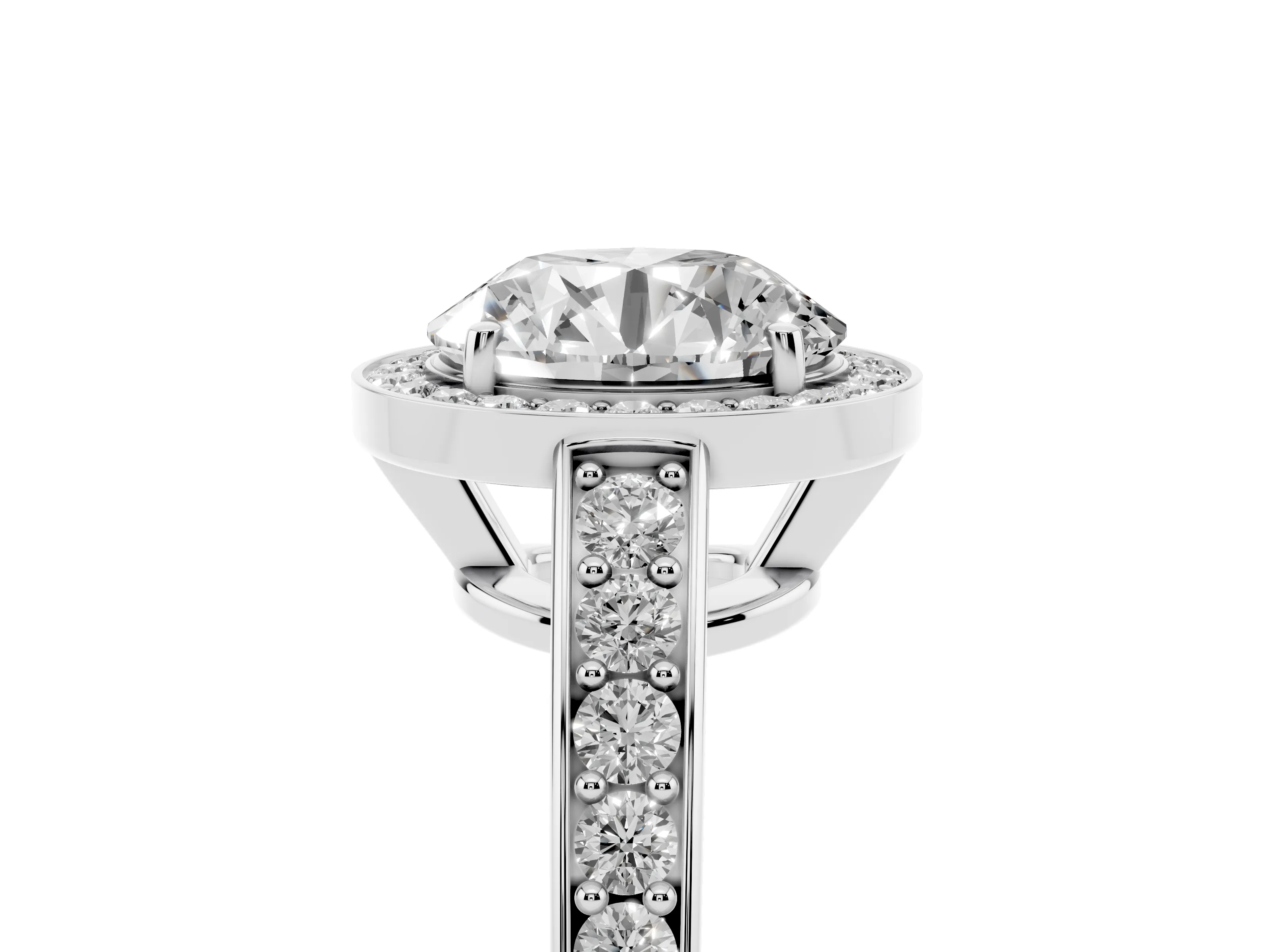 Round Cut Diamond Halo Pavé Engagement Ring Set in White gold with Bezel Setting
