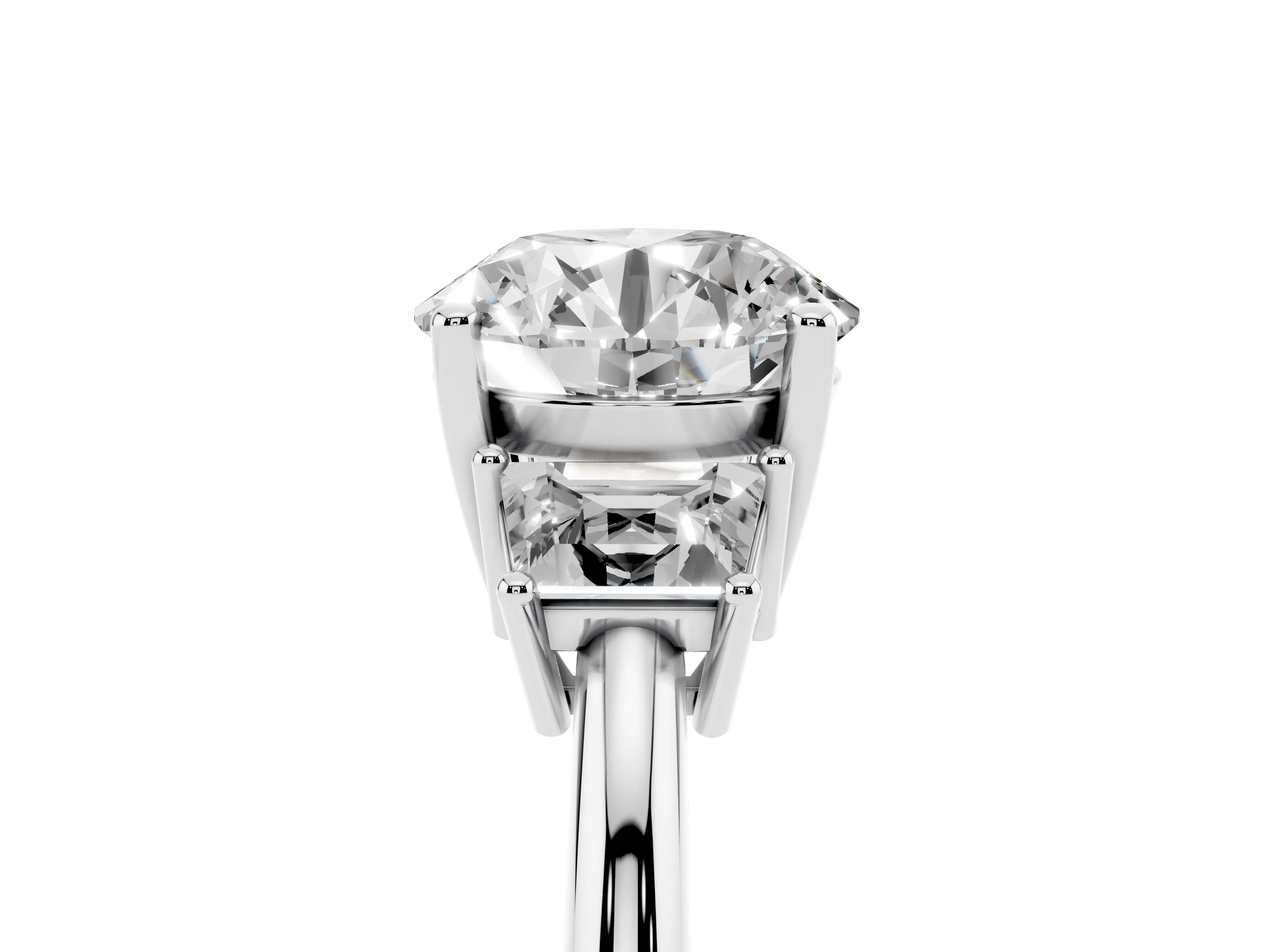 Round Cut Diamond Three-Stone Ring Set in White gold with Trapezoid Side Stones and Prong Setting
