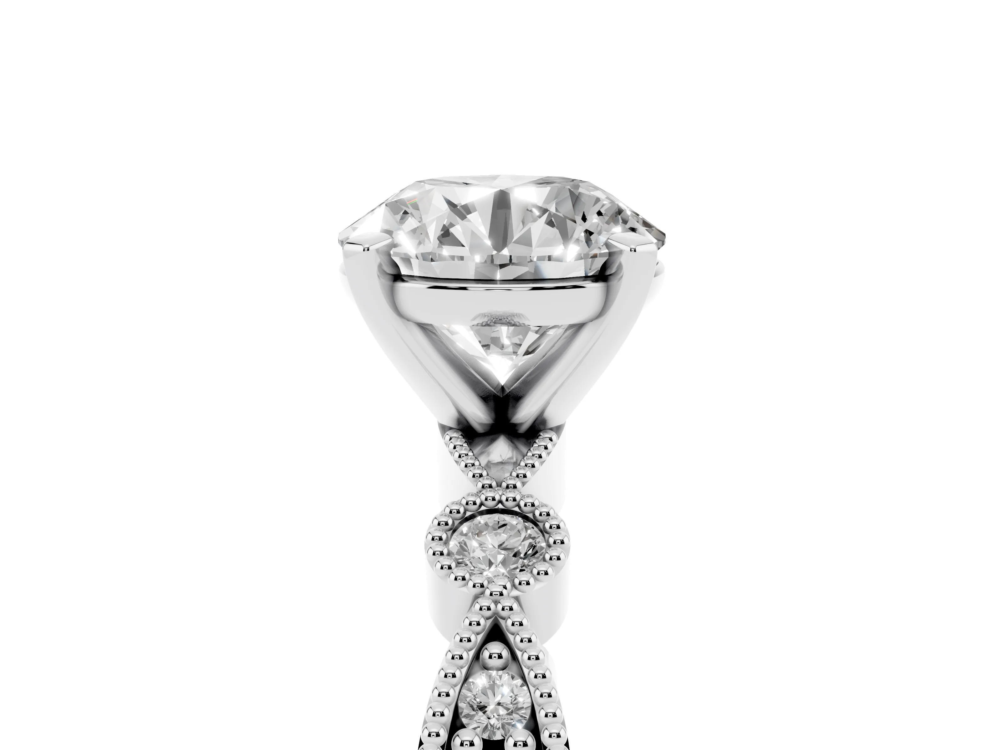 Round Cut Diamond Solitaire Engagement Ring Set in Silver with Milgrain Bezel Accent Band