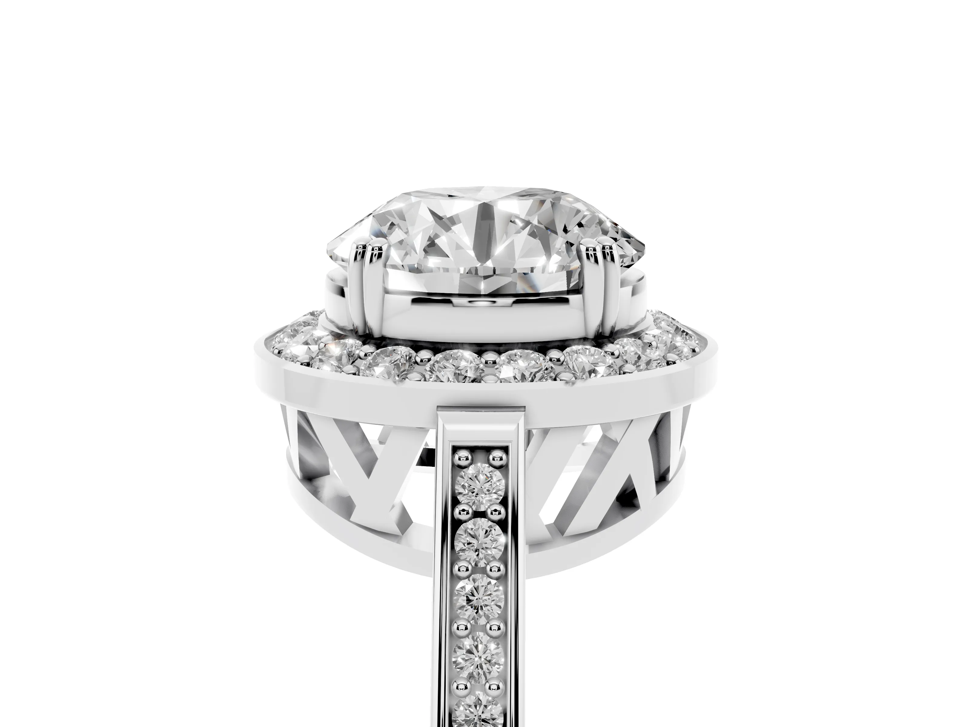Round Cut Diamond Halo Ring Set in Platinum with Accent-Lined Split Shank and Prong Setting