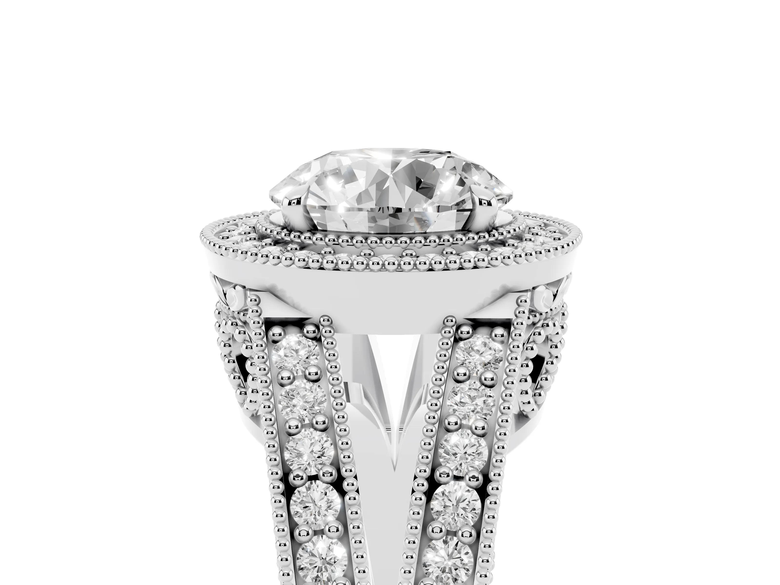 Round Cut Diamond Halo Ring Set in Silver with Stone-Set Split Shank and Milgrain Edges