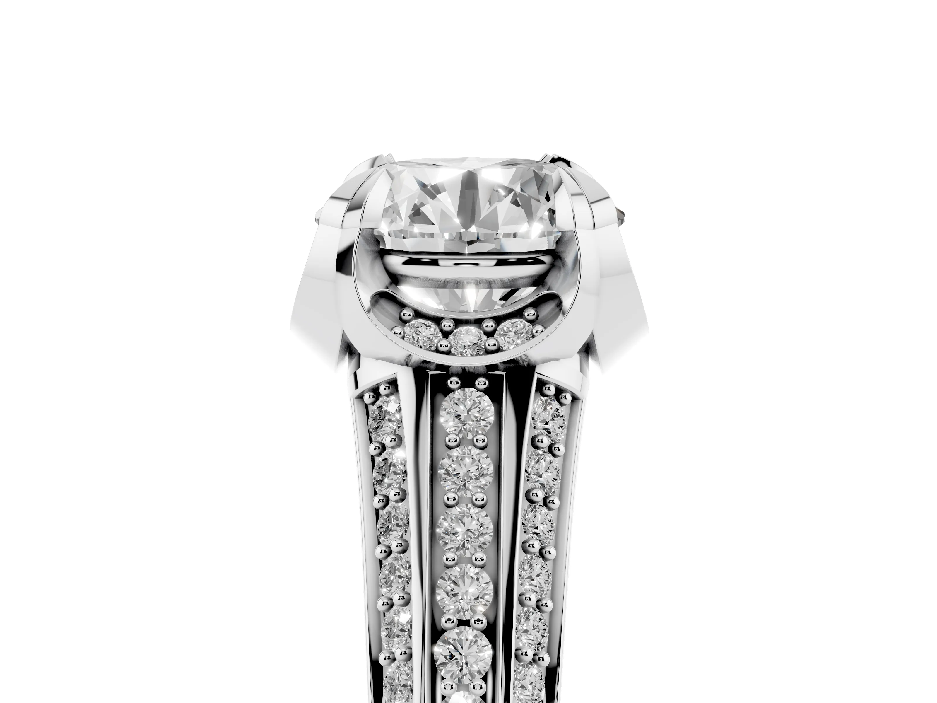 Round Cut Diamond Pavé Split Shank Solitaire Ring Set in White gold with Prong Setting