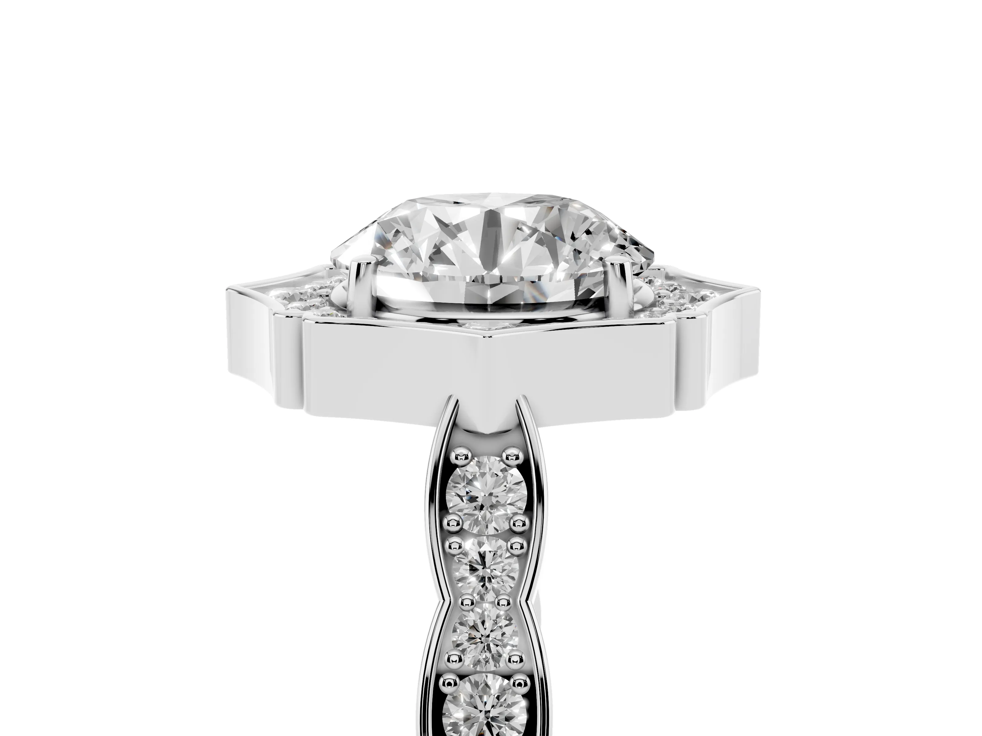 Round Cut Diamond Halo Engagement Ring Set in Platinum with Milgrain Band and Prong Setting