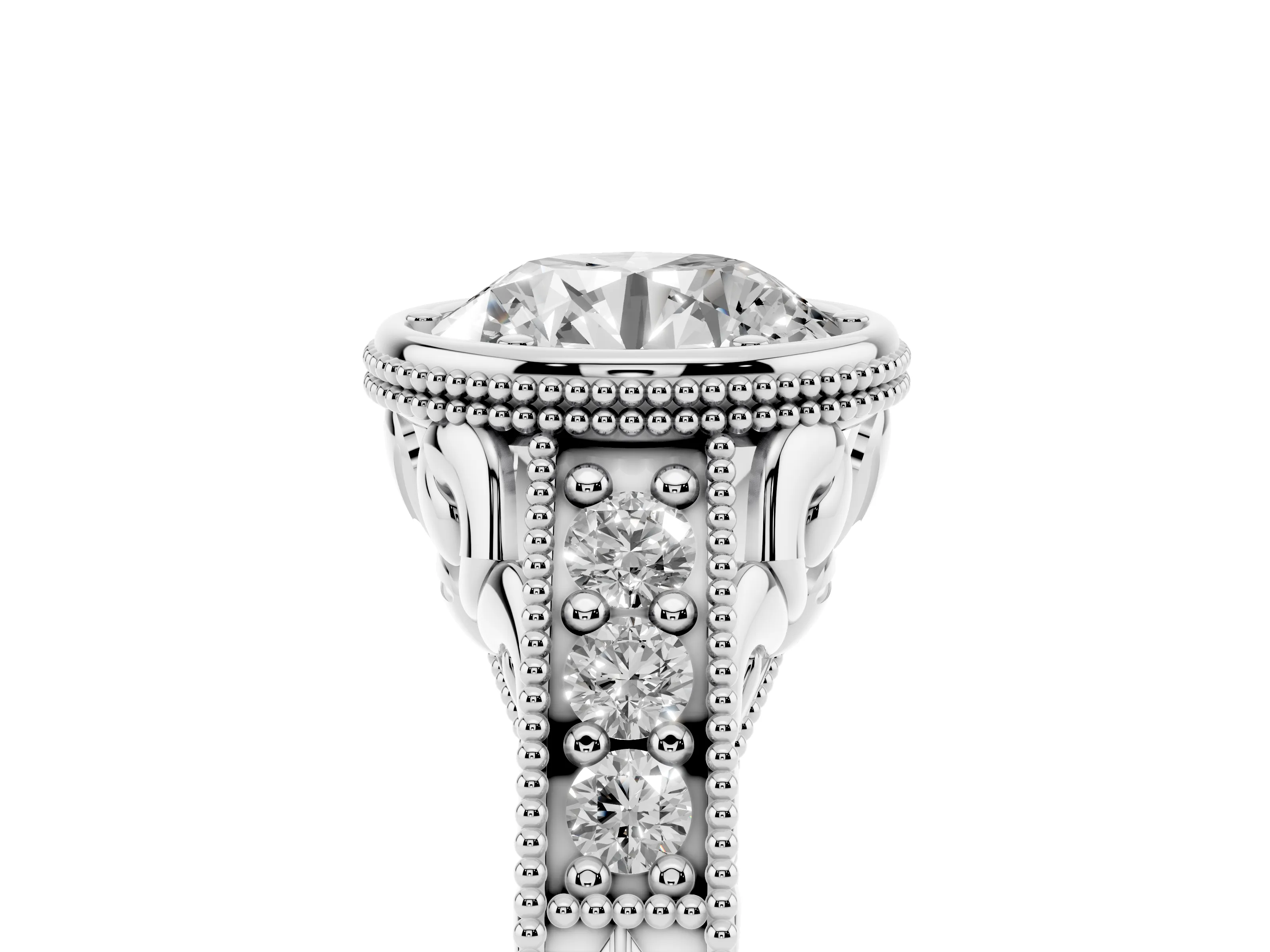 Bezel Set Round Cut Diamond Milgrain Pavé Engagement Ring Set in Silver