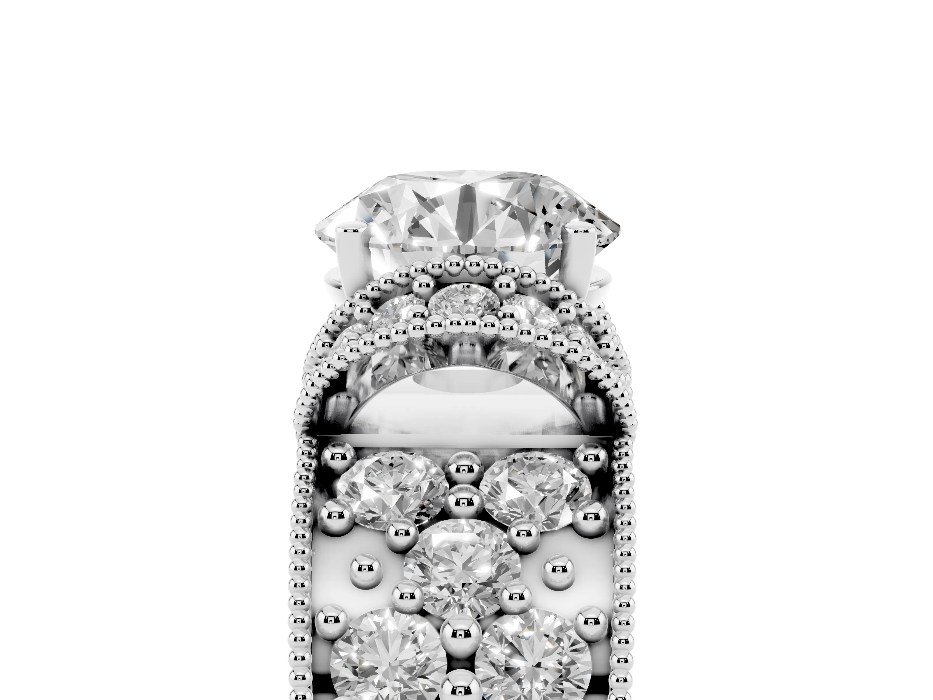 Round Cut Diamond Milgrain Halo Pavé Engagement Ring Set in White gold with Prong Setting