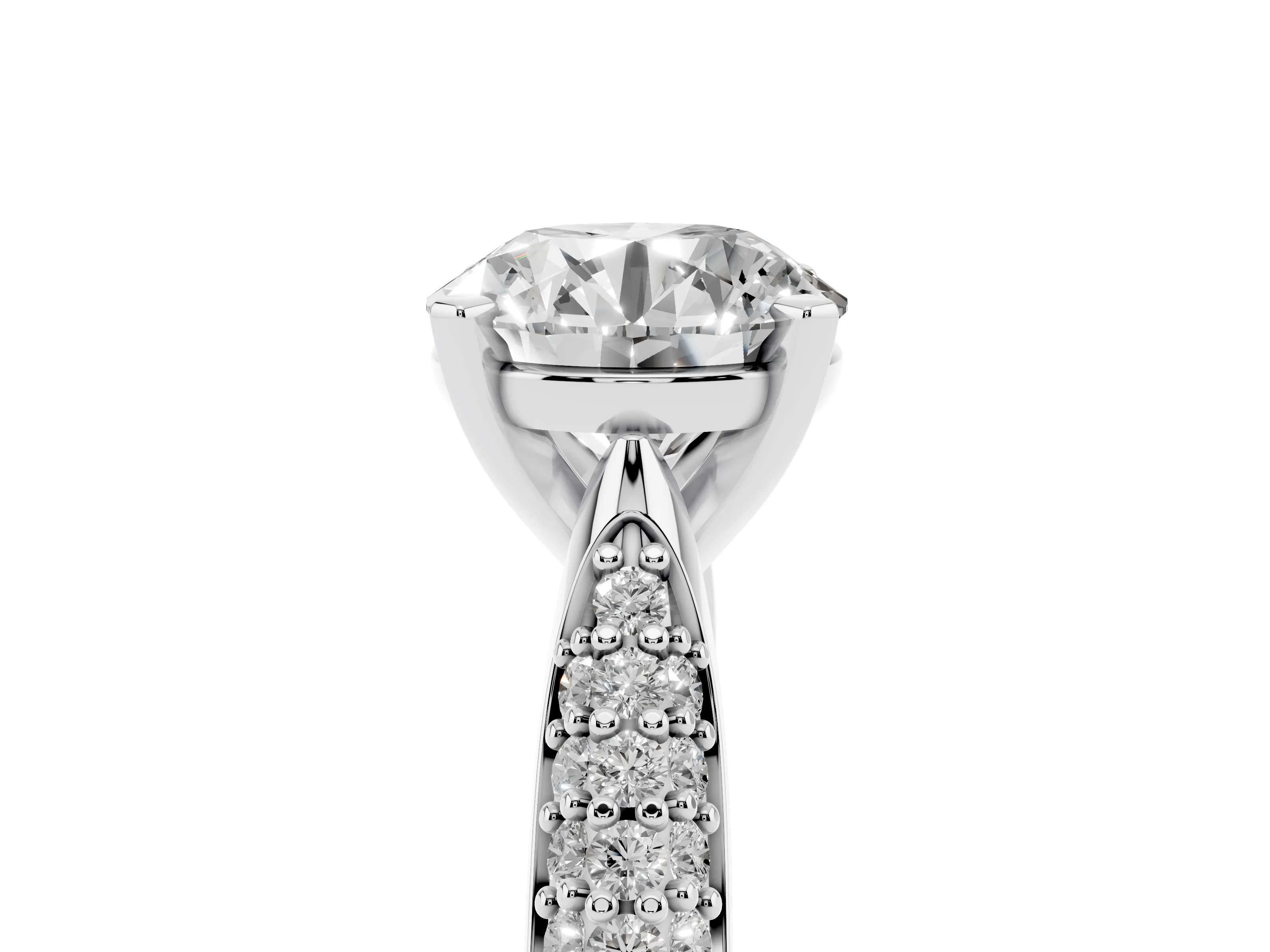 Round Cut Diamond Solitaire Engagement Ring Set in Platinum with Multi-Row Round Pavé Band and Prong Setting