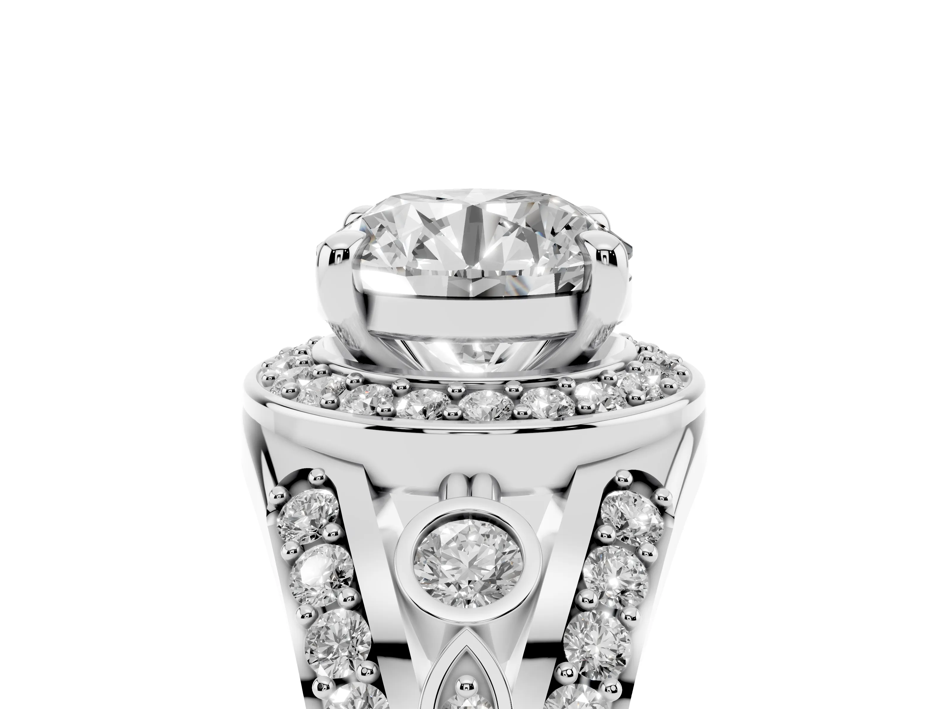 Round Cut Diamond Halo Ring Set in Silver with Pavé Split Shank and Bezel Accents
