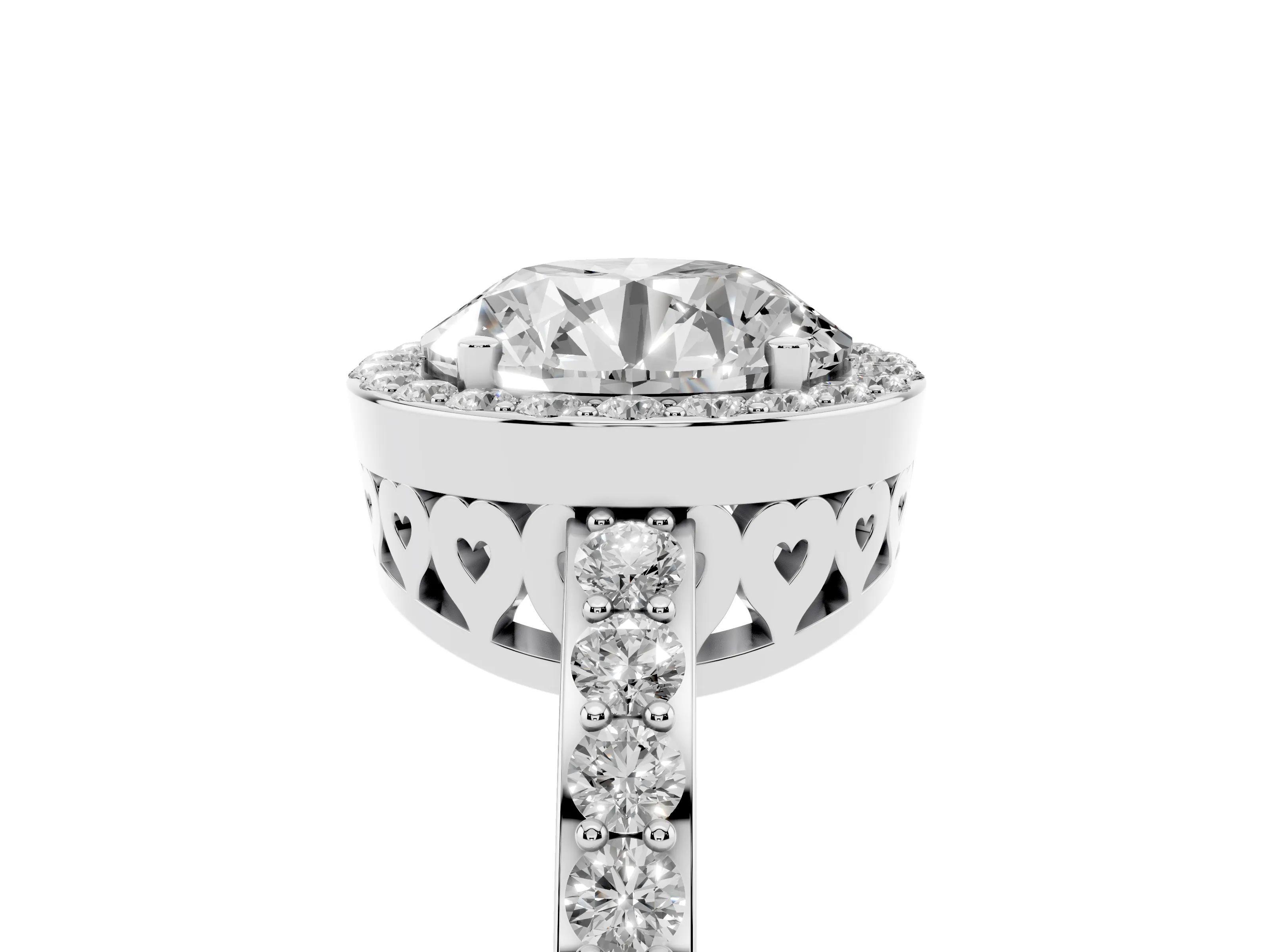 Round Cut Diamond Halo Ring Set in White gold with Pavé-Setting Band and Open Prong Center