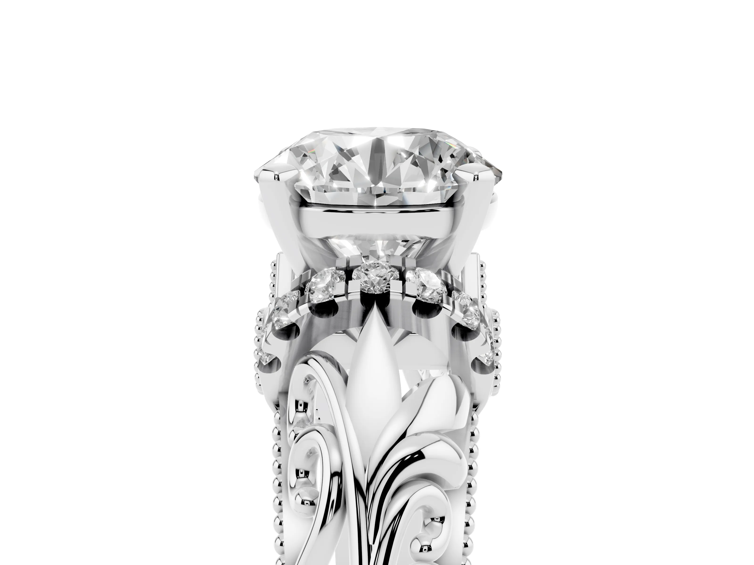 Round Cut Diamond Filigree Halo Engagement Ring Set in White gold with Prong Setting