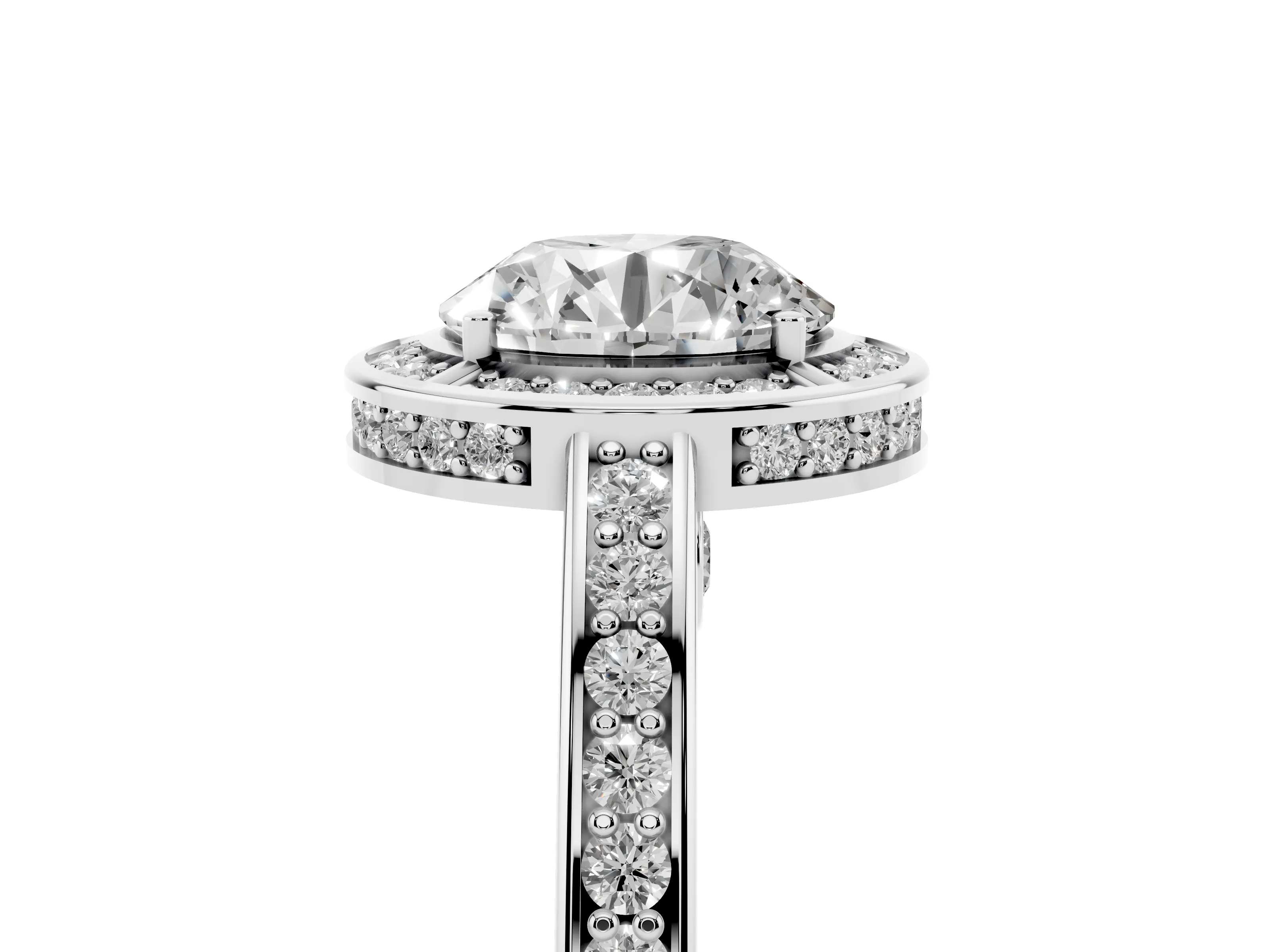 Round Cut Diamond Halo Pavé Split Shank Ring Set in White gold with Prong Setting