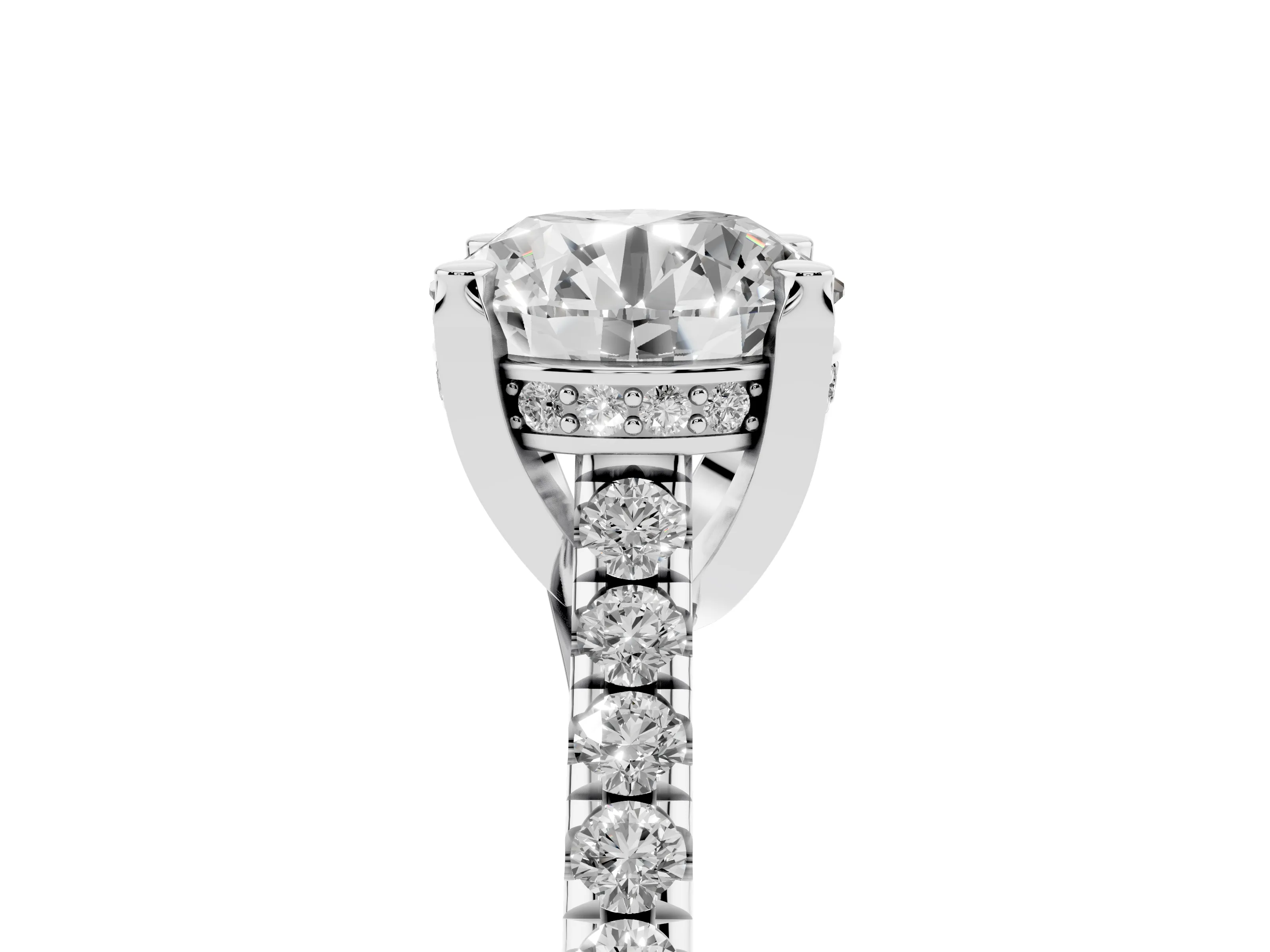 Round Cut Diamond Solitaire Ring Set in Platinum with Brilliant Pavé Band and Prong Setting