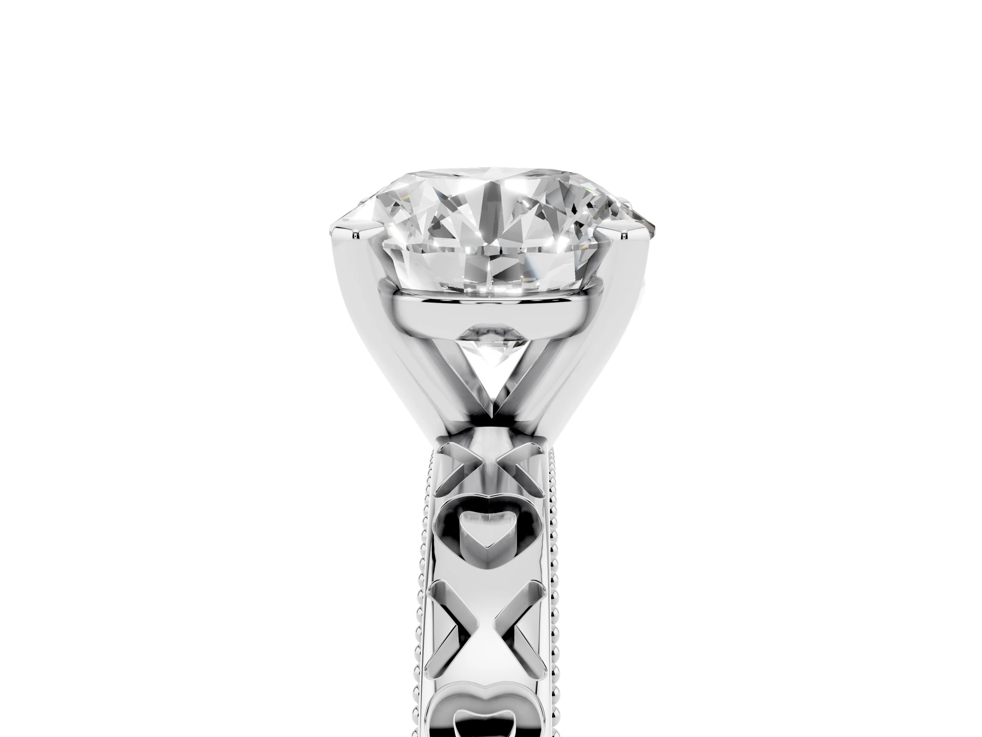 Round Cut Diamond Solitaire Engagement Ring Set in Platinum with XO Engraved Band and Prong Setting