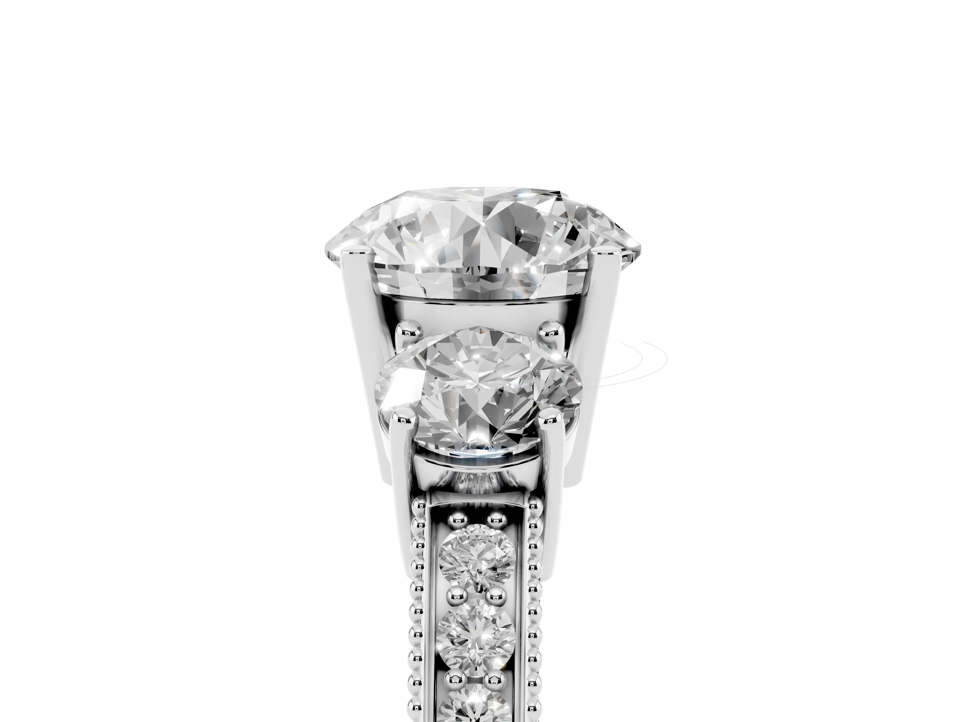 Round Cut Diamond Three-Stone Ring Set in White gold with Round Side Stones and Pavé Band