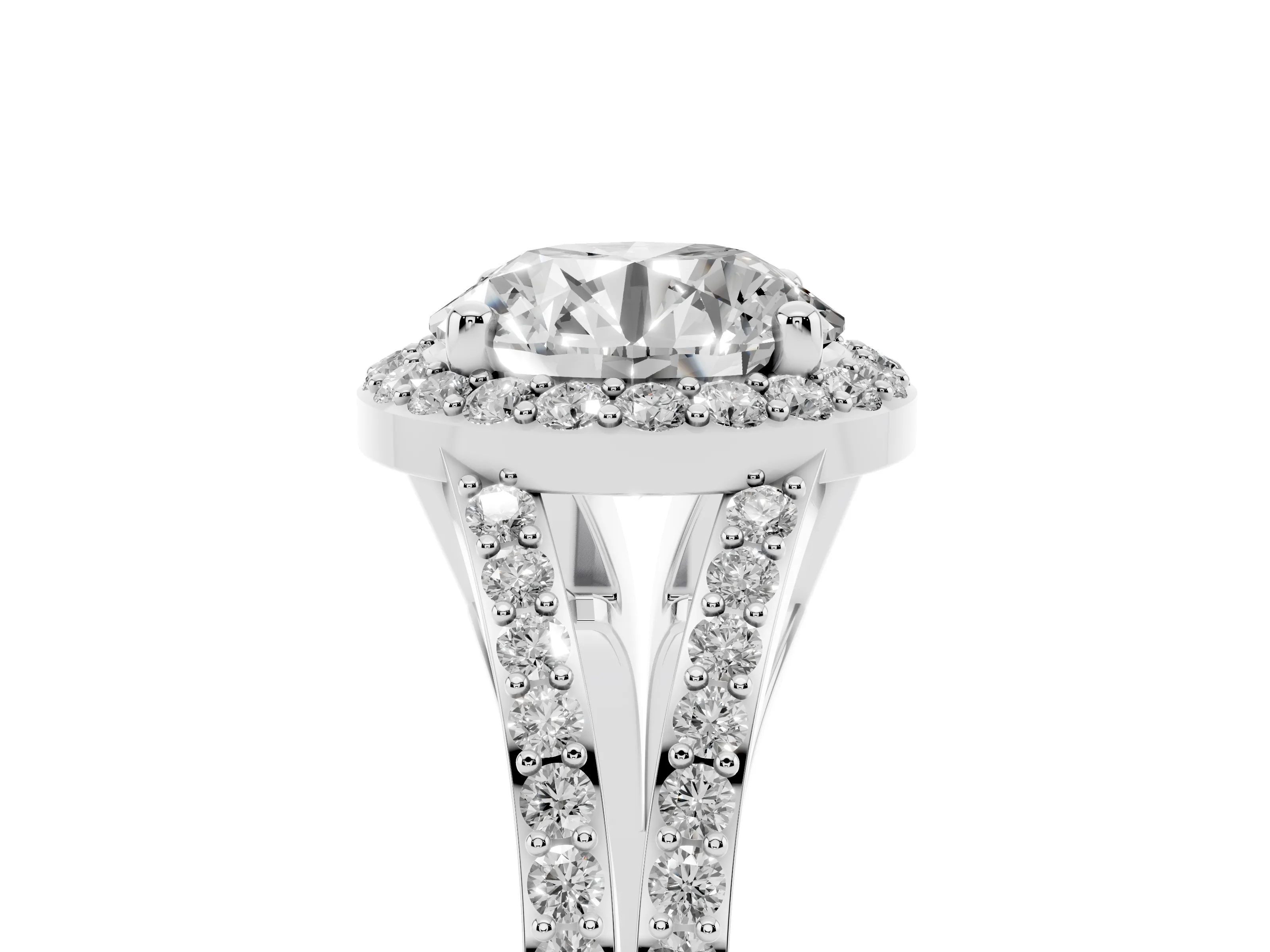 Round Cut Diamond Halo Split Shank Pavé Ring Set in Platinum with Prong Setting