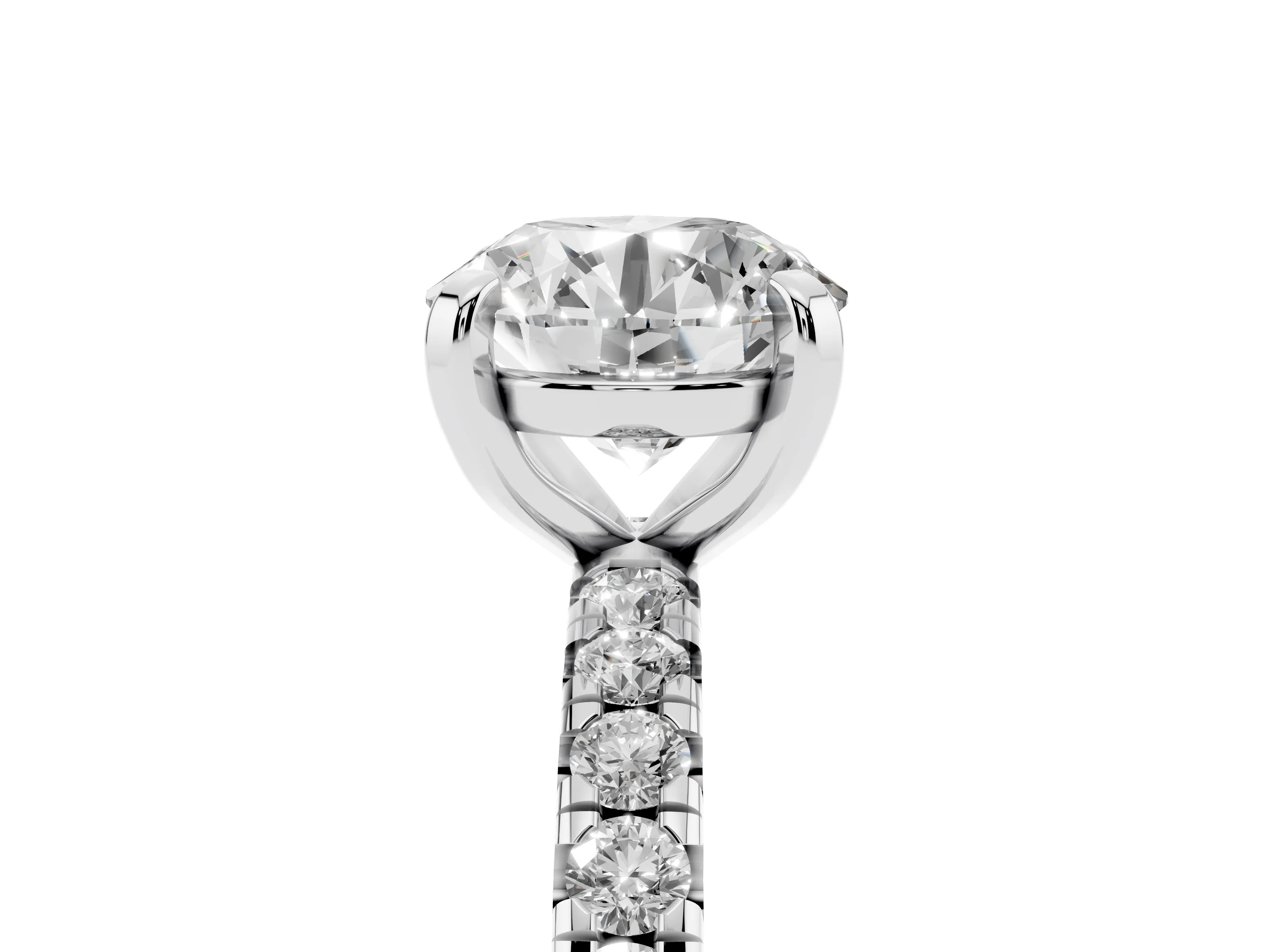 Round Cut Diamond Pavé Solitaire Ring Set in White gold with Round Band and Prong Setting