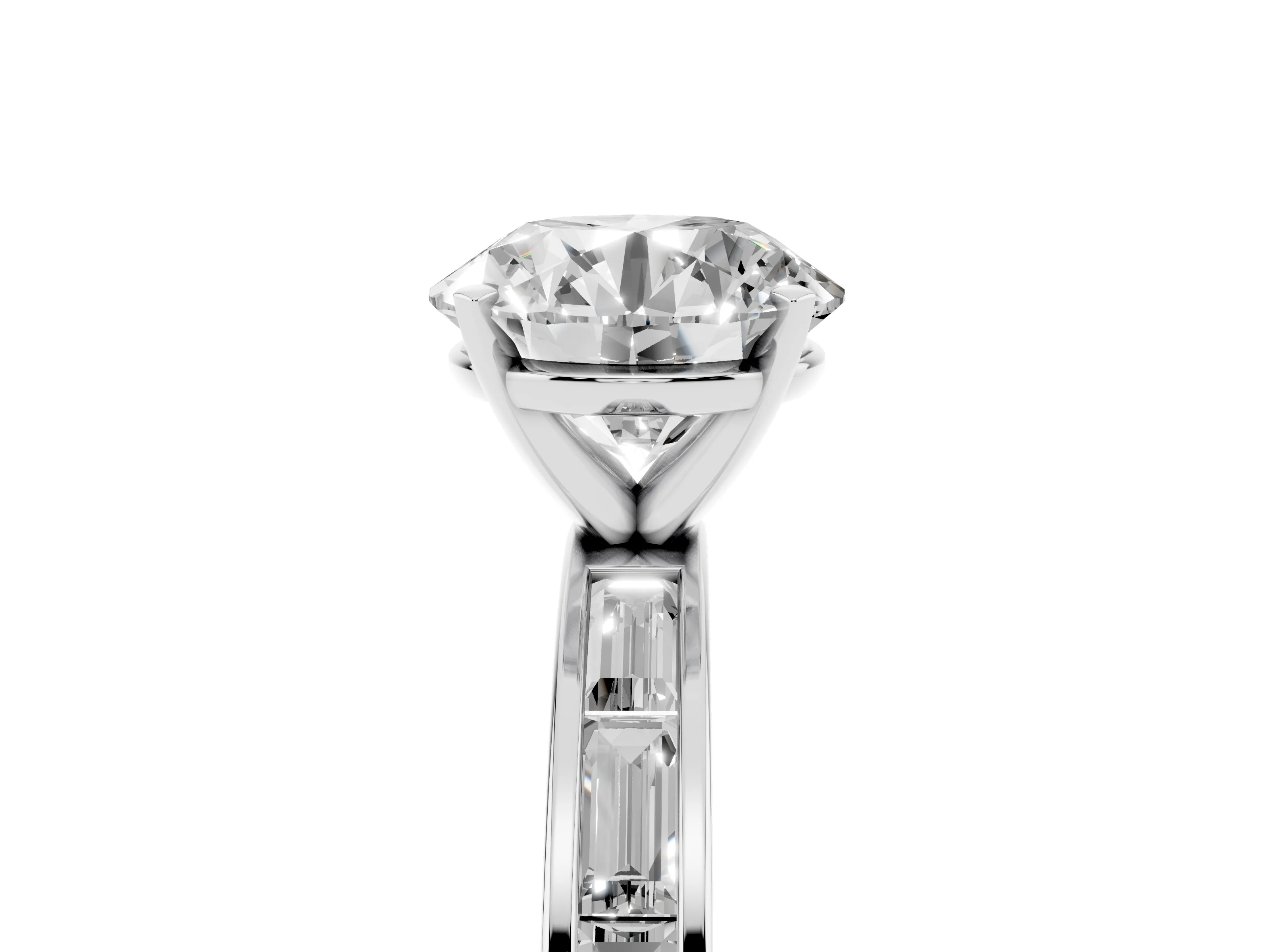 Round Cut Diamond Solitaire Ring Set in White gold with Channel-Set Baguette Band and Prong Setting