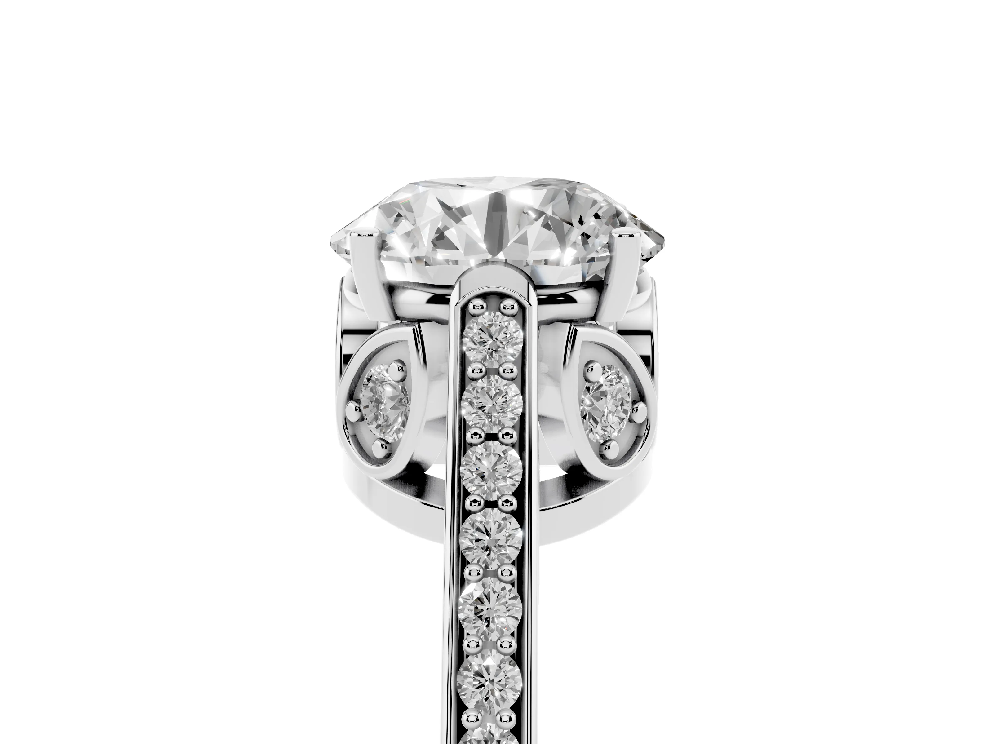 Round Cut Diamond Cathedral Pavé Engagement Ring Set in Silver with Prong Setting