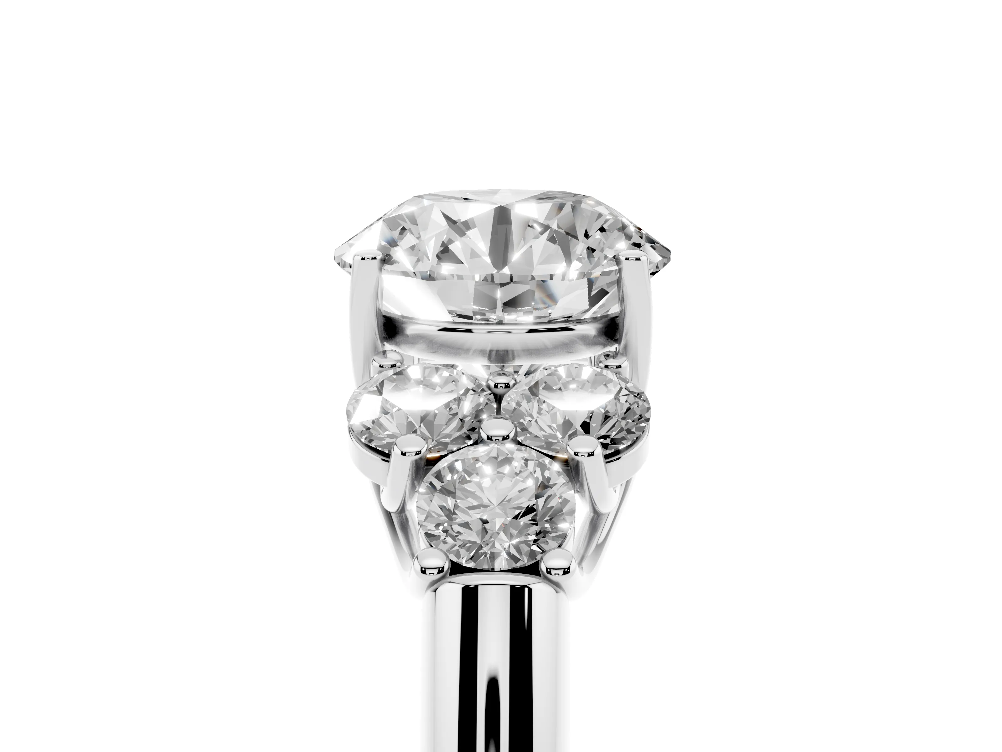 Round Cut Diamond Cluster Ring Set in Platinum with Round Accent Stones and Prong Setting on a Plain Band