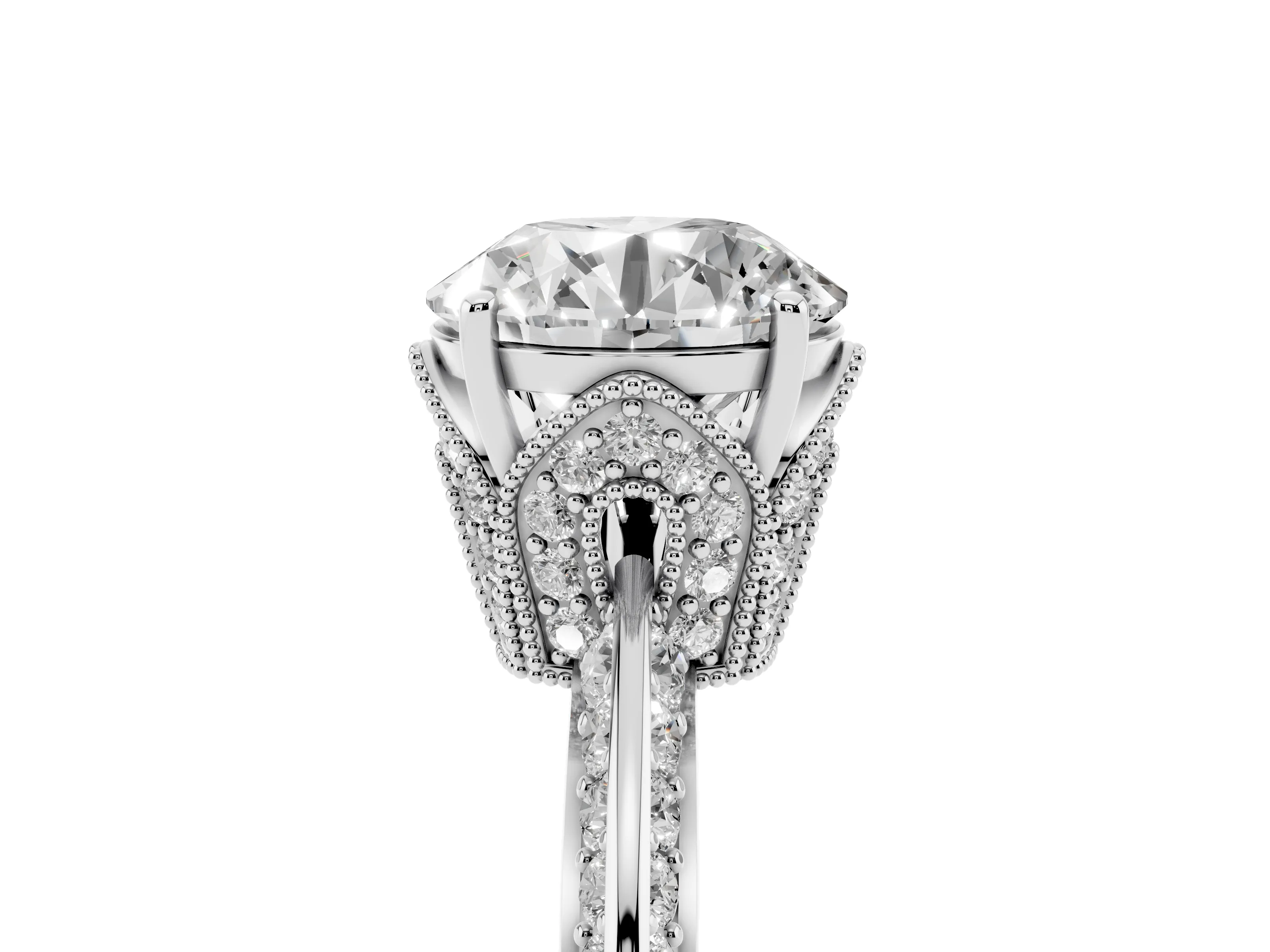 Round Cut Diamond Solitaire Engagement Ring Set in Silver with Pavé Split Shank and Prong Setting