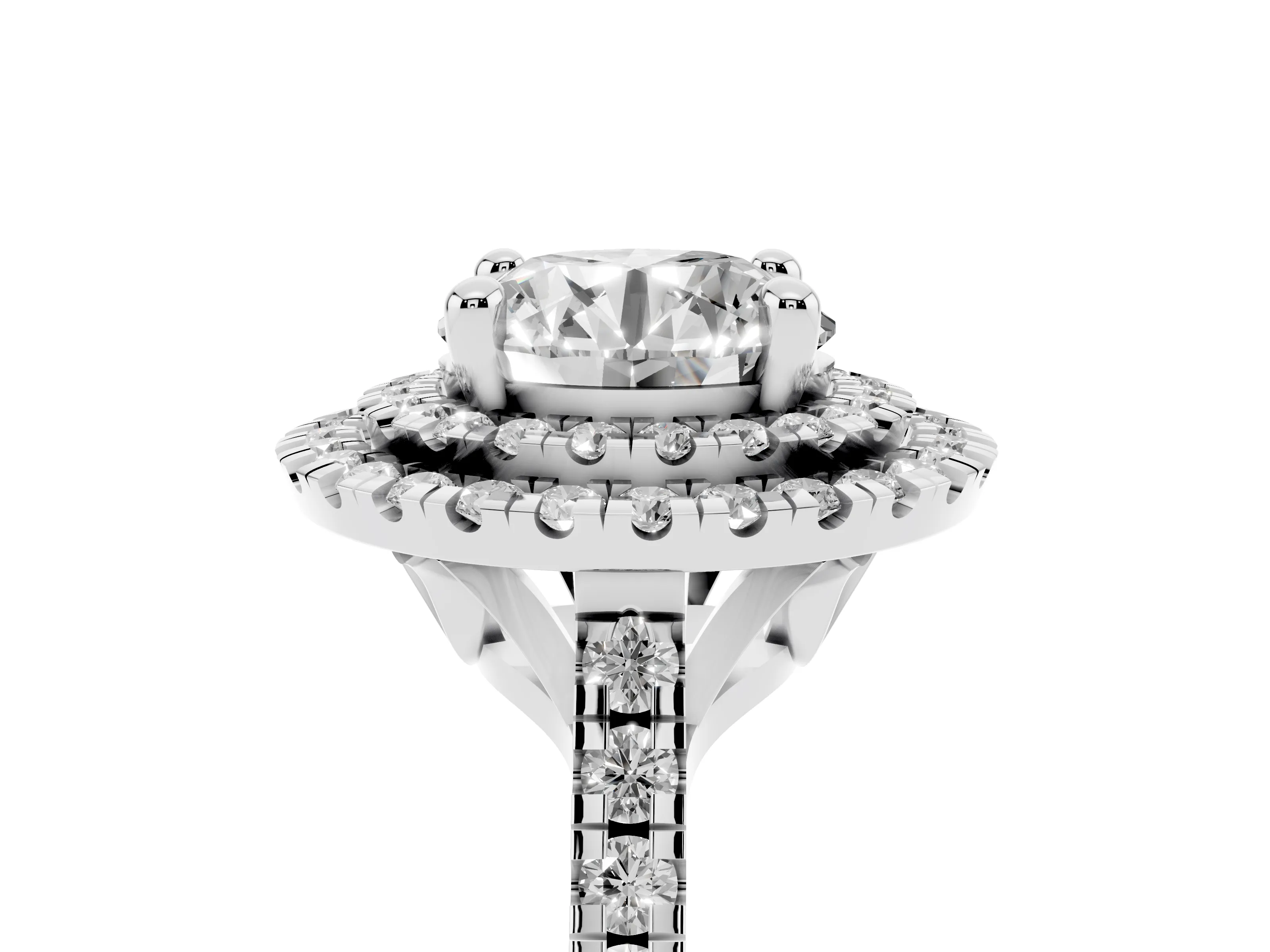 Round Cut Diamond Double Halo Statement Ring Set in Silver with Pavé Band
