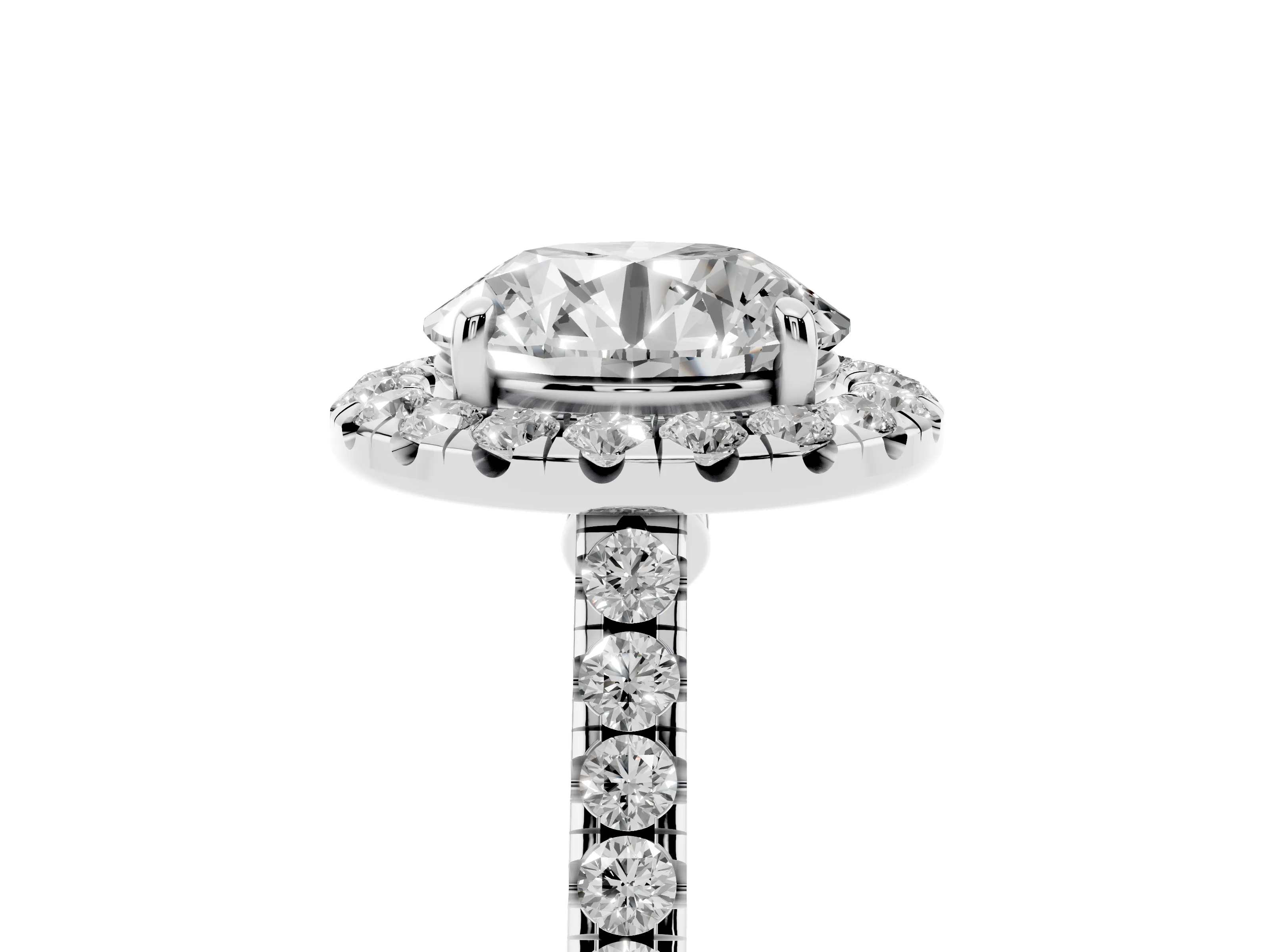 Round Cut Diamond Halo Pavé Engagement Ring Set in White gold with Prong Setting