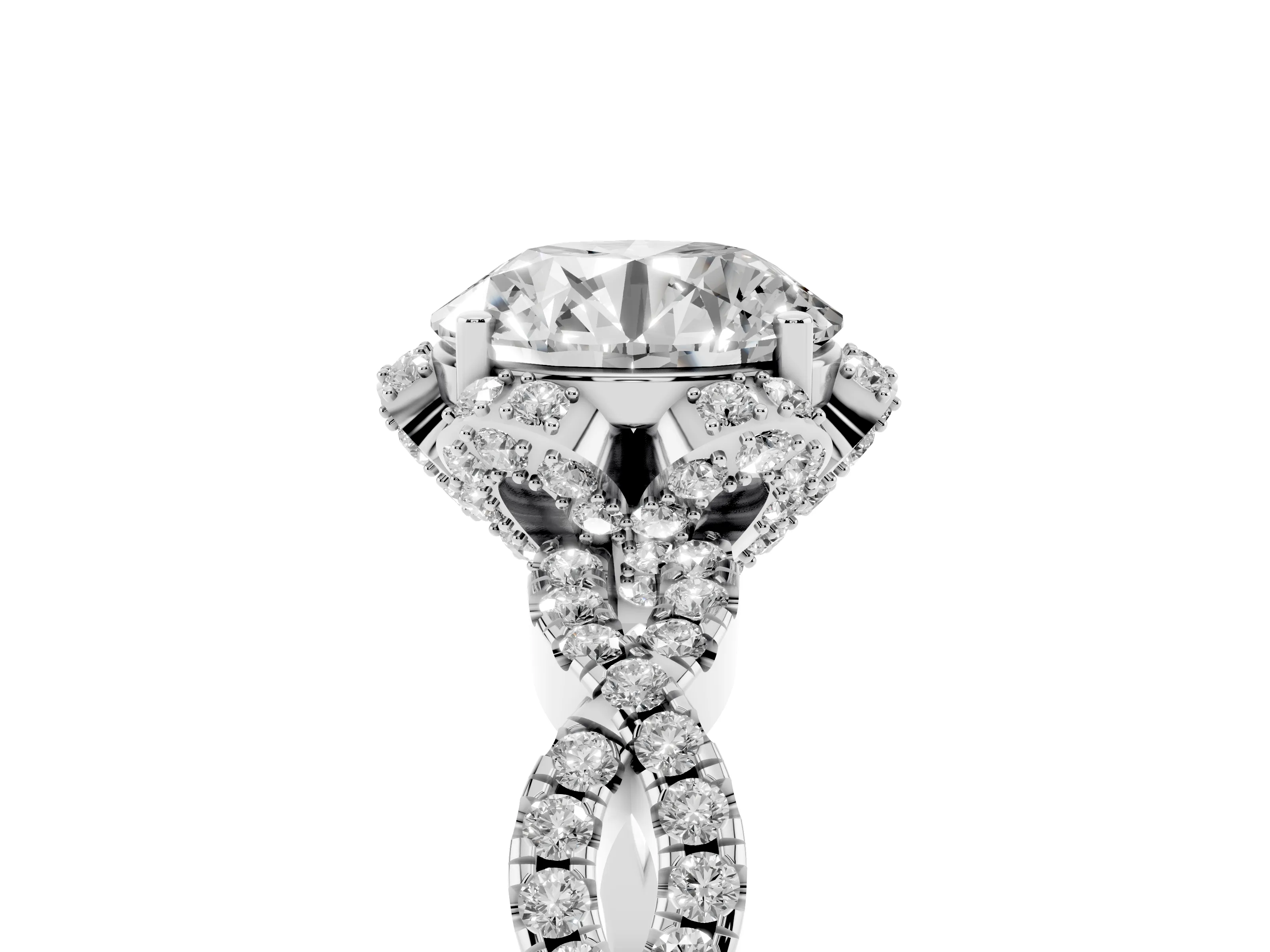 Round Cut Diamond Halo Twist Band Solitaire Ring Set in White gold with Prong-Set Center Stone