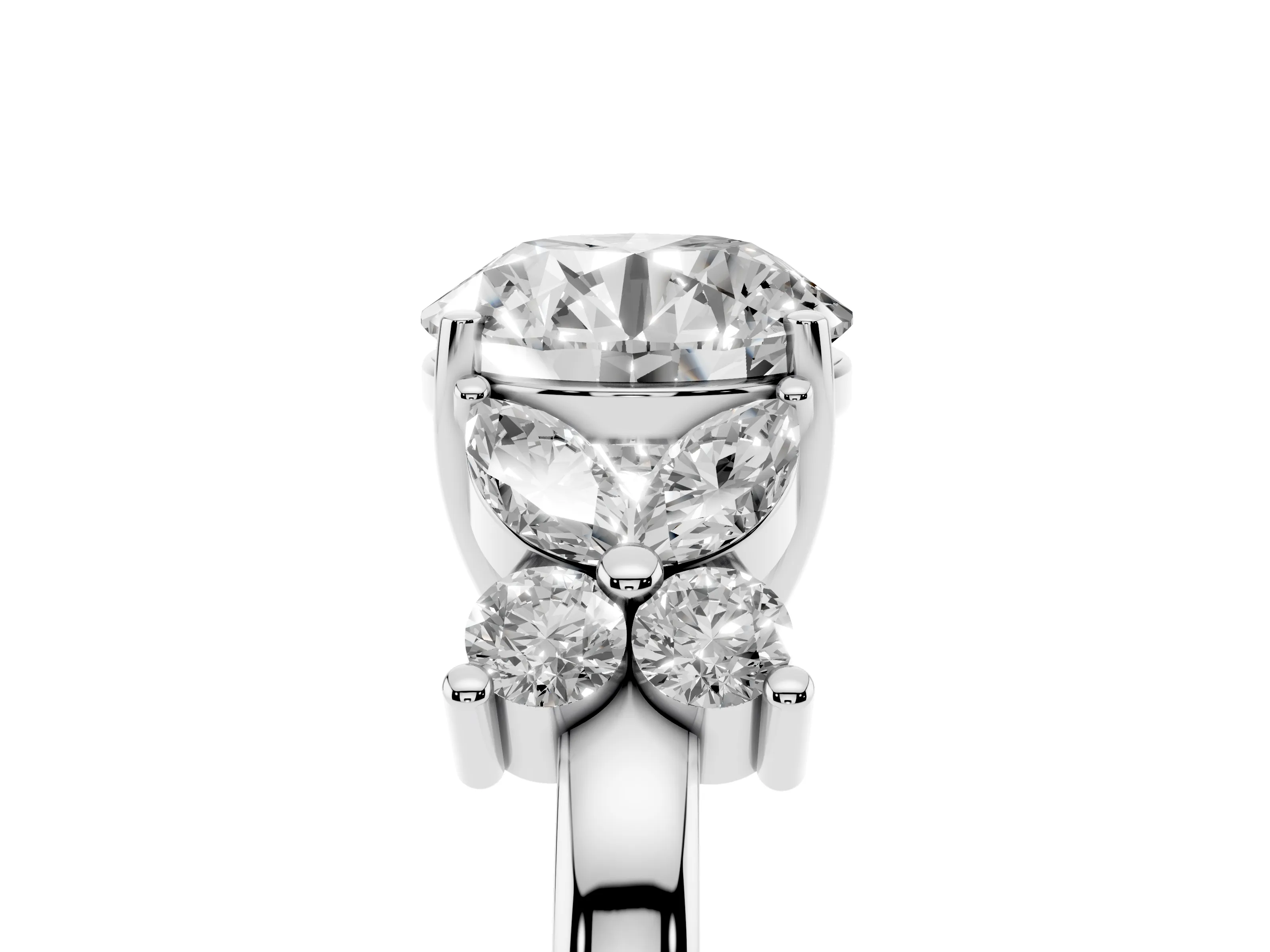 Round Cut Diamond Floral Cluster Ring Set in Silver with Marquise Petals and Prong Setting