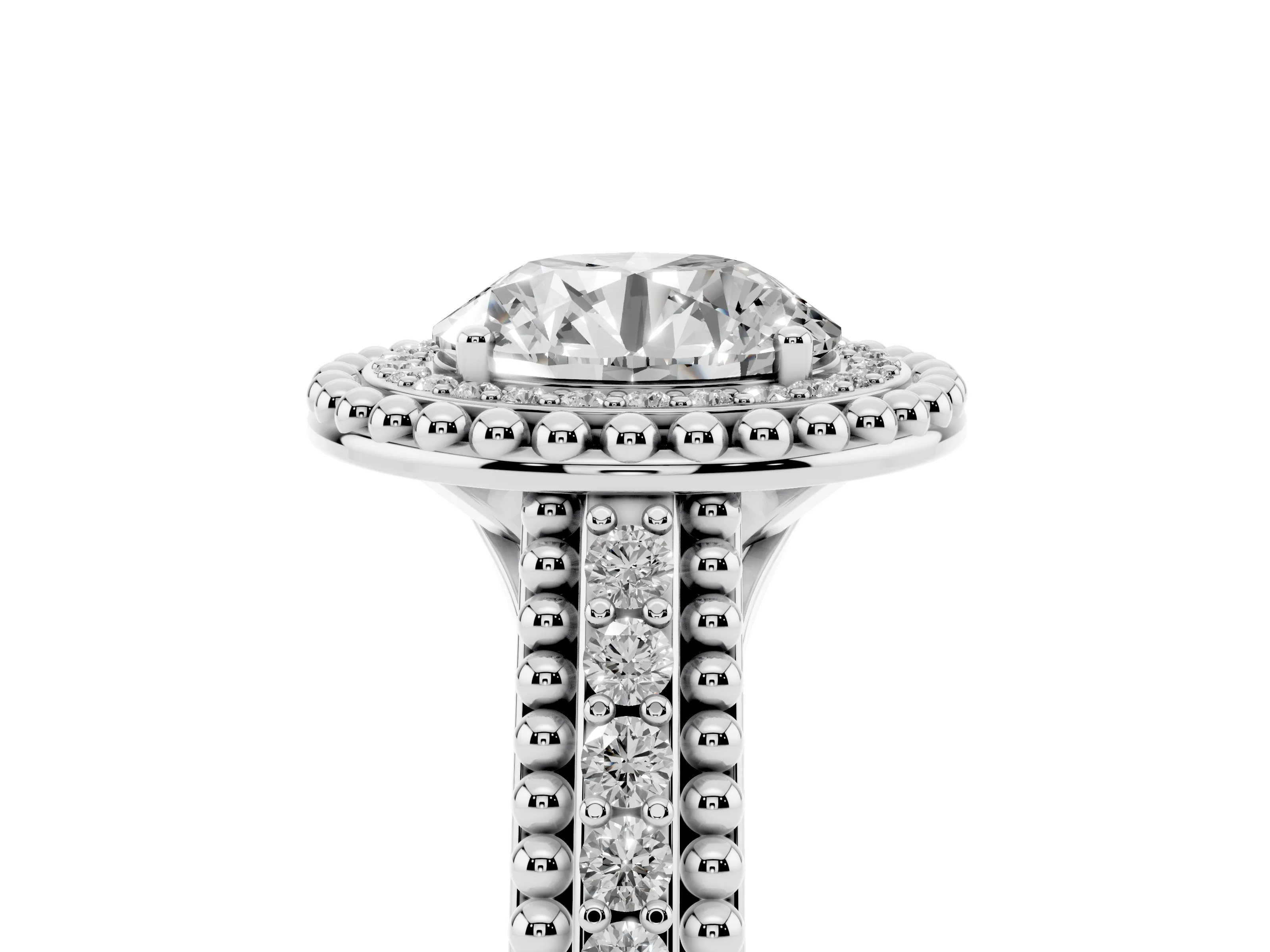 Round Cut Diamond Halo Ring Set in Platinum with Beaded Split Shank and Prong Setting