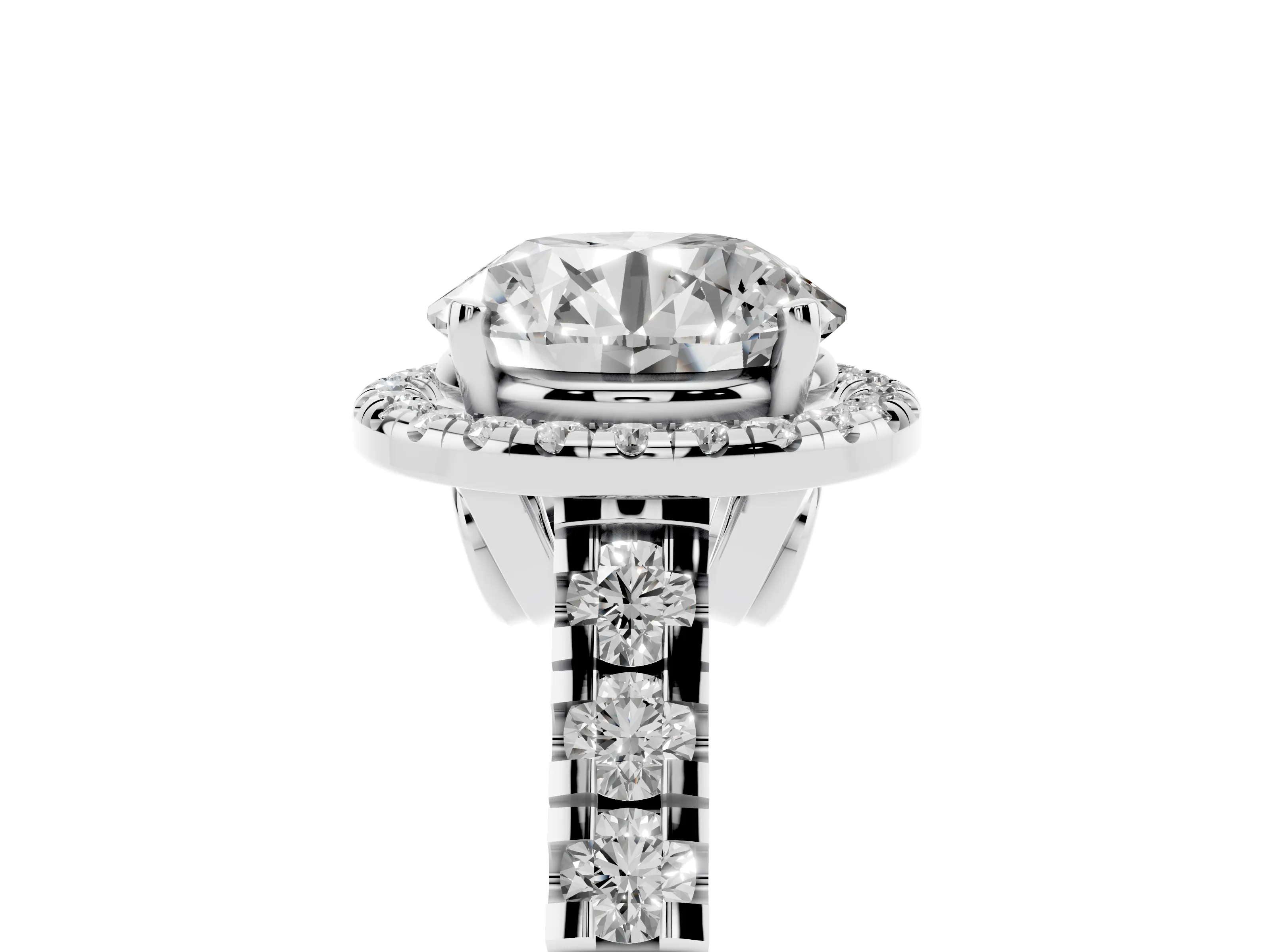 Round Cut Diamond Halo Engagement Ring Set in White gold with Pavé Band and Prong-Set Center