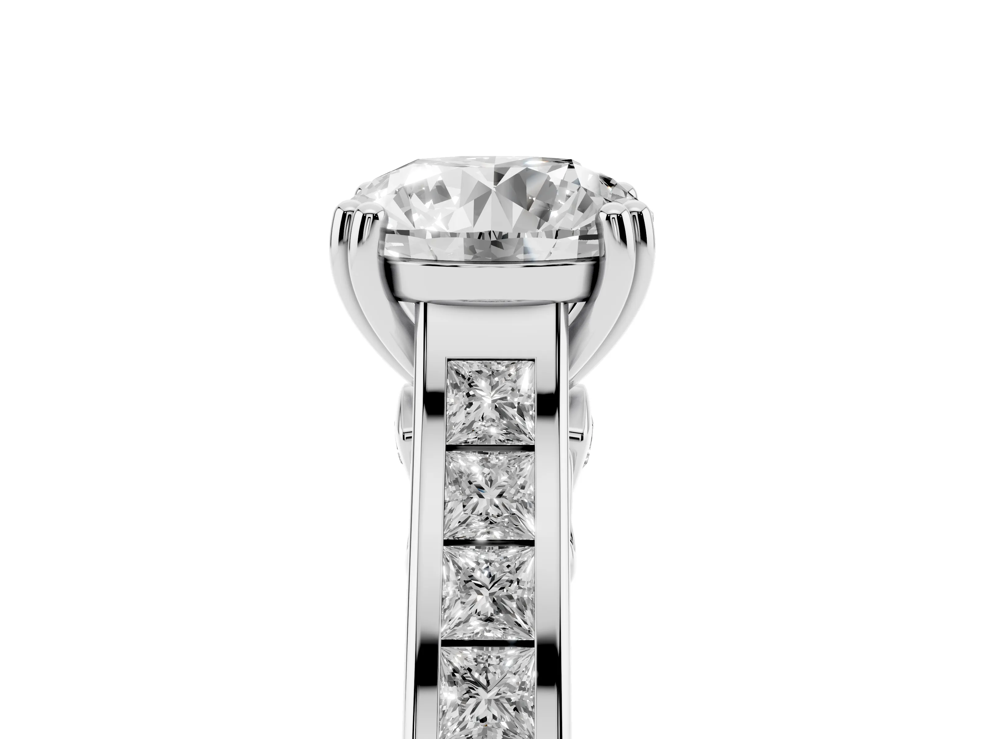 Round Cut Diamond Channel Set Solitaire Engagement Ring Set in Silver with Prong Setting
