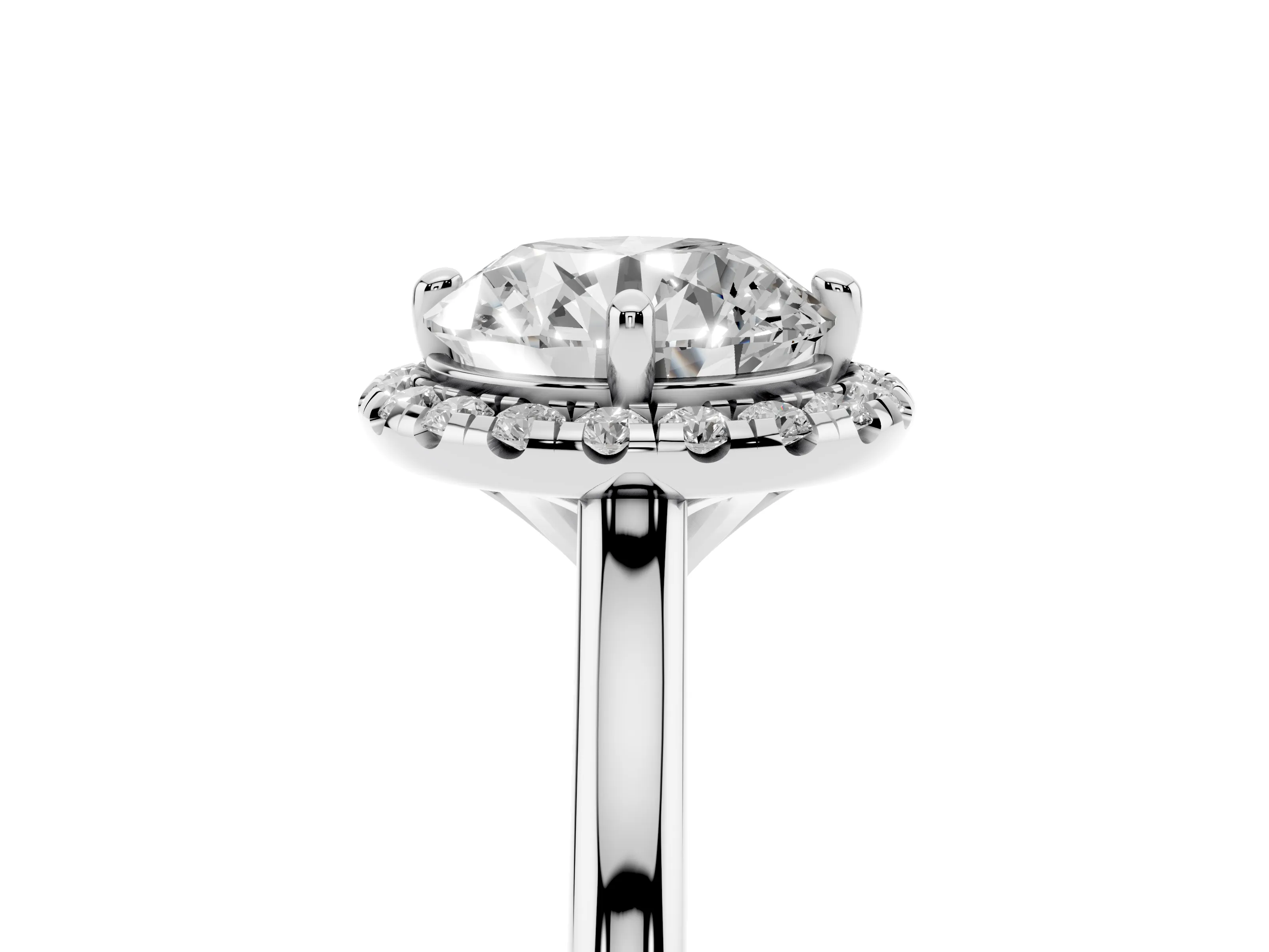 Round Cut Diamond Halo Engagement Ring Set in Platinum with Pavé Band and Rising Shoulders