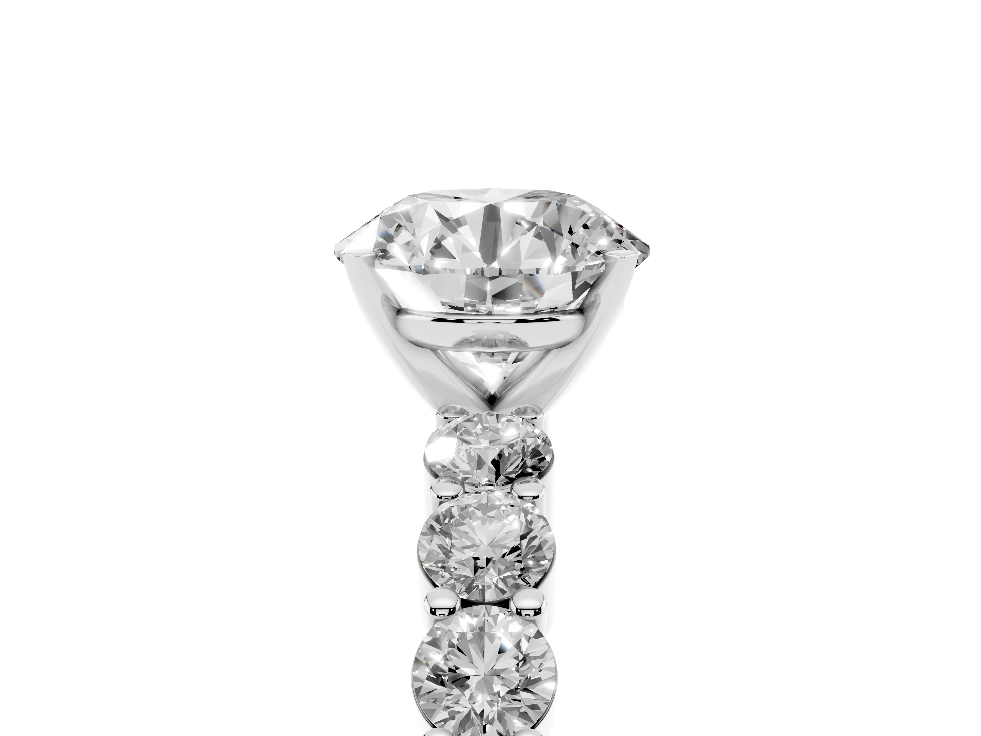 Round Cut Diamond Solitaire Ring Set in Silver with Shared Prong Round Side Stones